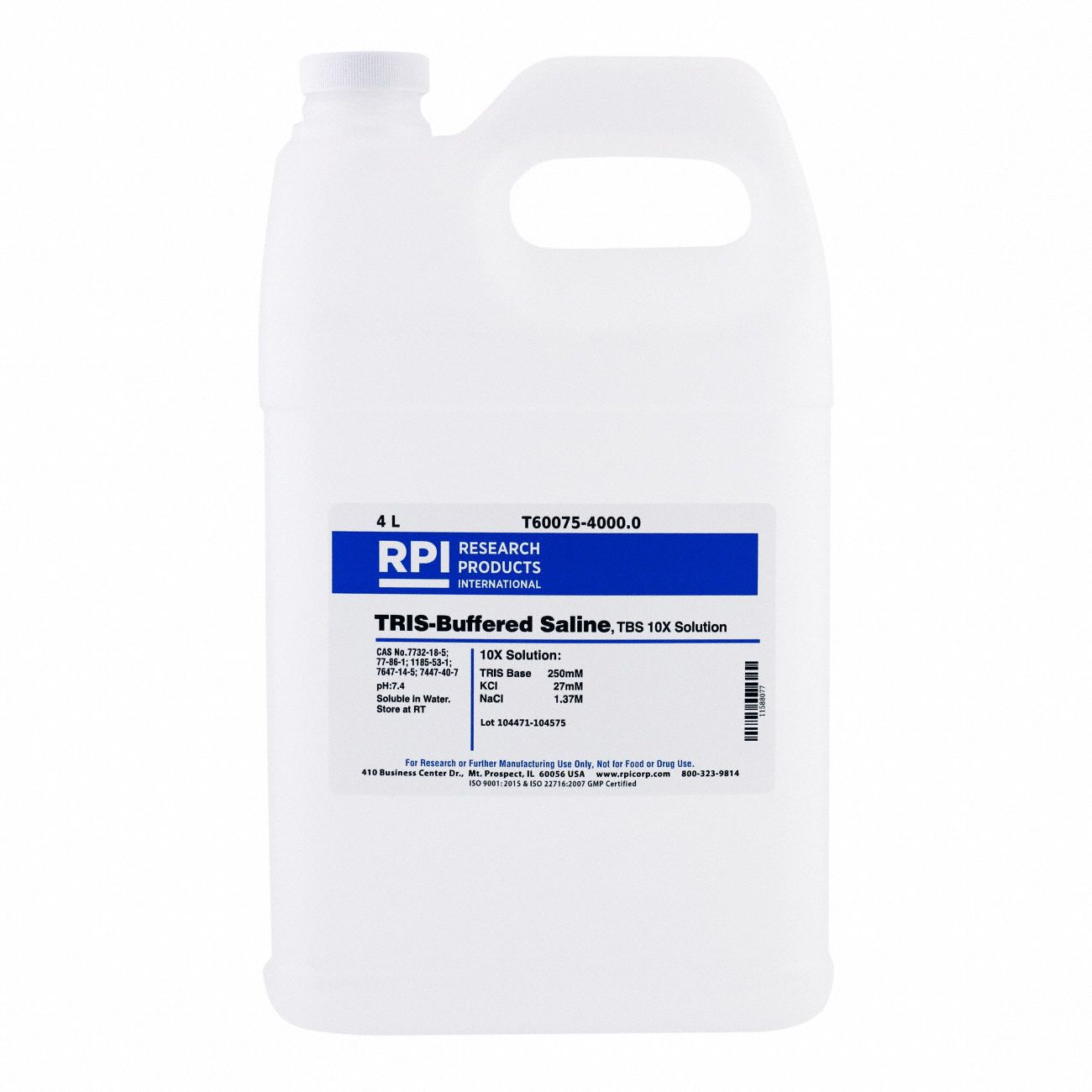 TRIS Buffered Saline - 10X Solution: Lab, 4 L, 1185-53-1/7447-40-7/7647-14-5/7732-18-5/77-86-1, 1