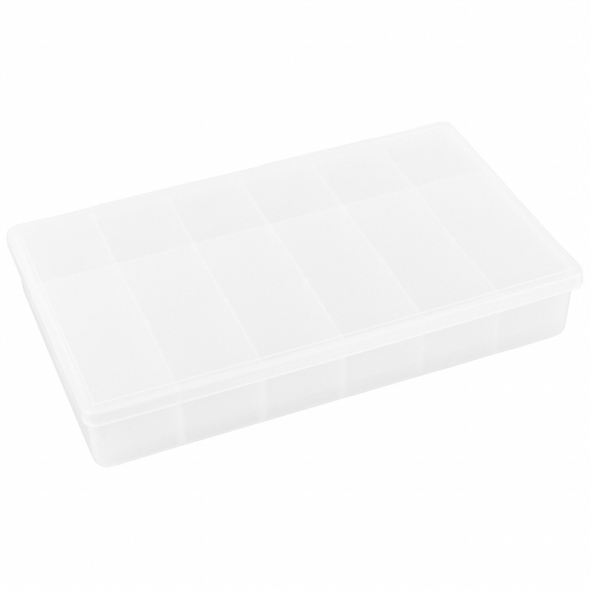 Compartment Box: 6 1/2 in x 10 3/4 in x 1 3/4 in, Clear, 12 Compartments, 0 Adj Dividers