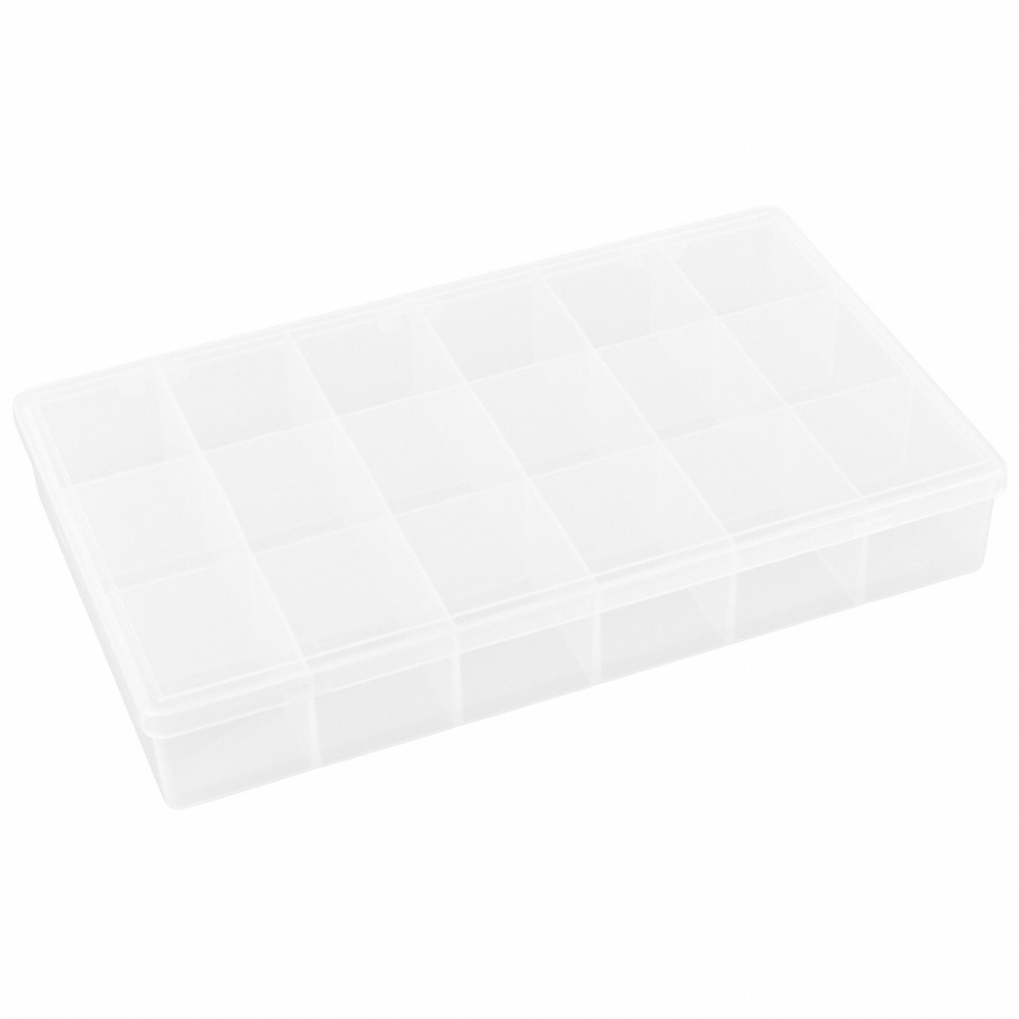 Compartment Box: 6 1/2 in x 10 3/4 in x 1 3/4 in, Clear, 18 Compartments, 0 Adj Dividers
