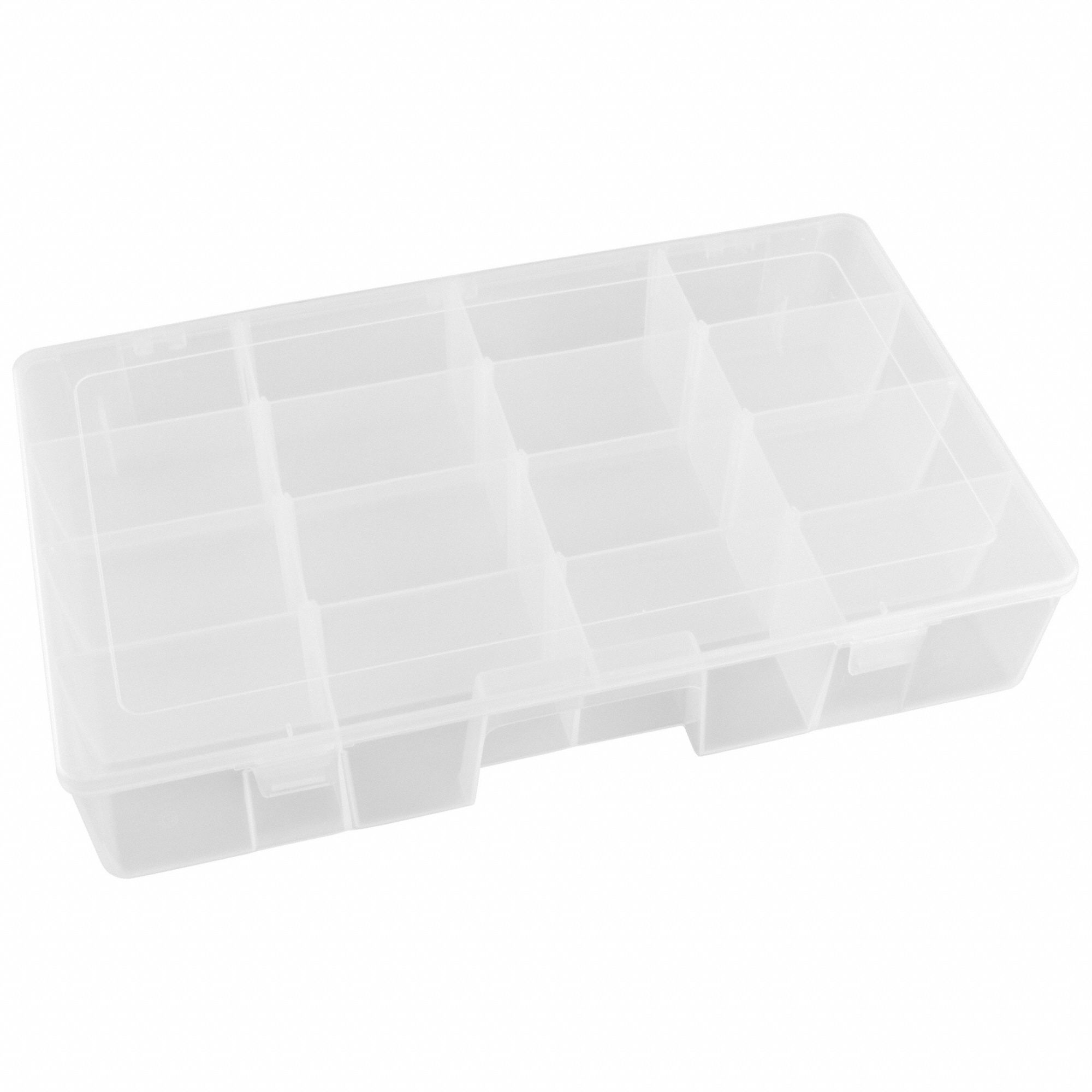 Compartment Box: 9 3/4 in x 16 1/2 in x 3 1/4 in, Clear, 15 Compartments, 9 Adj Dividers