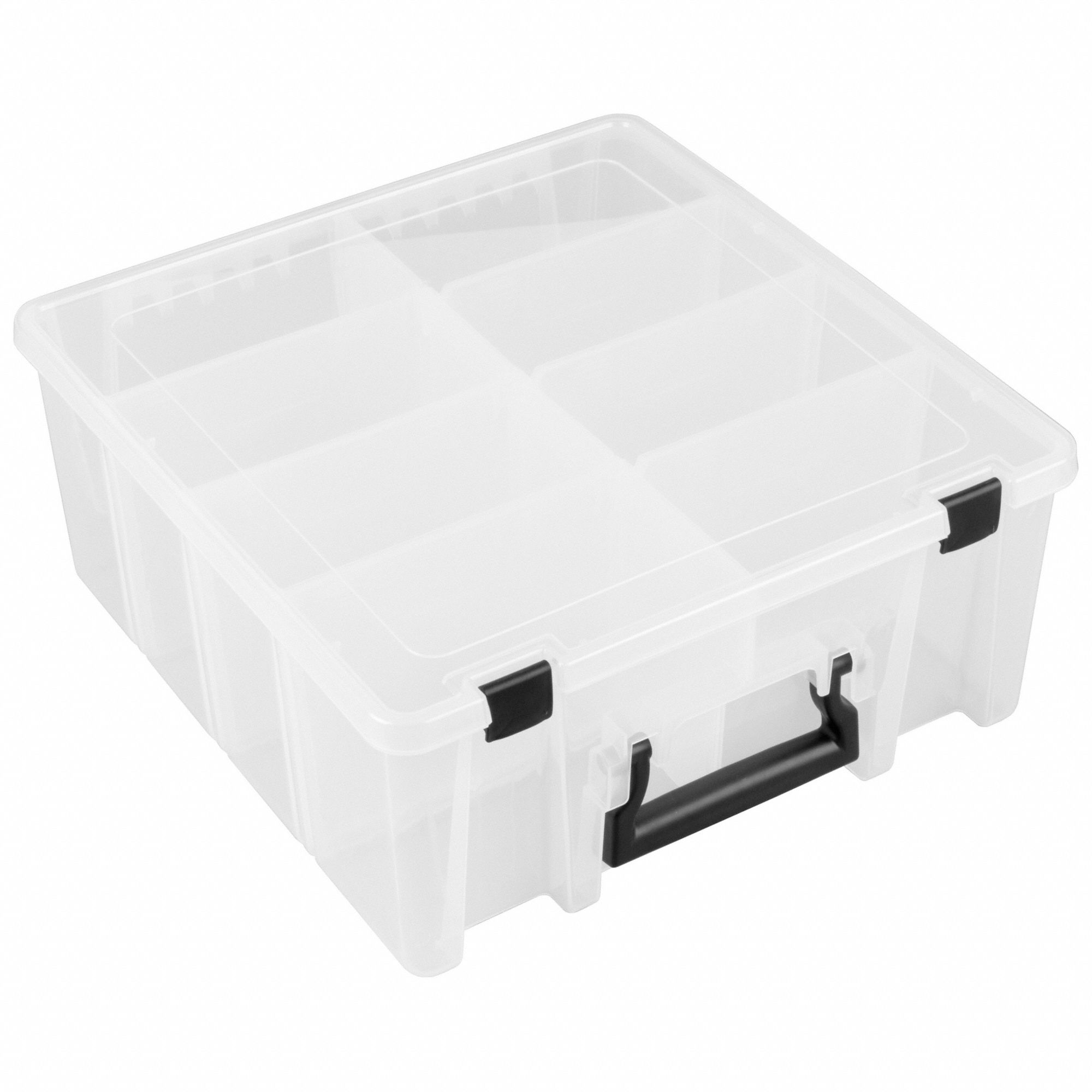 Compartment Box: 15 1/4 in x 14 1/8 in x 6 1/4 in, Clear, 8 Compartments, 7 Adj Dividers