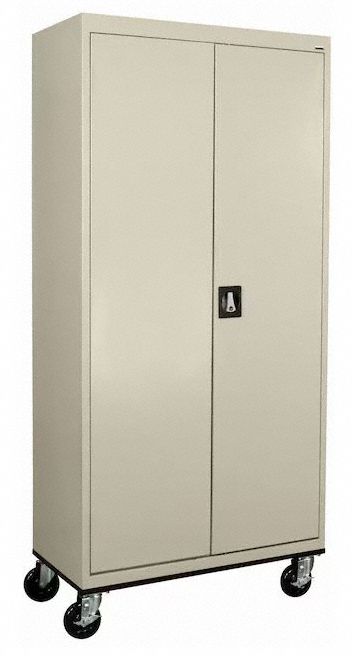 Storage Cabinet: Casters, 36 in x 24 in x 78 in, Recessed Pull, Keyed, 4 Shelves, Adj, Tan