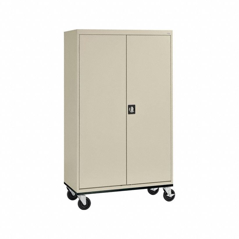 Storage Cabinet: Casters, 46 in x 24 in x 78 in, Recessed Pull, Keyed, 4 Shelves, Adj, Tan
