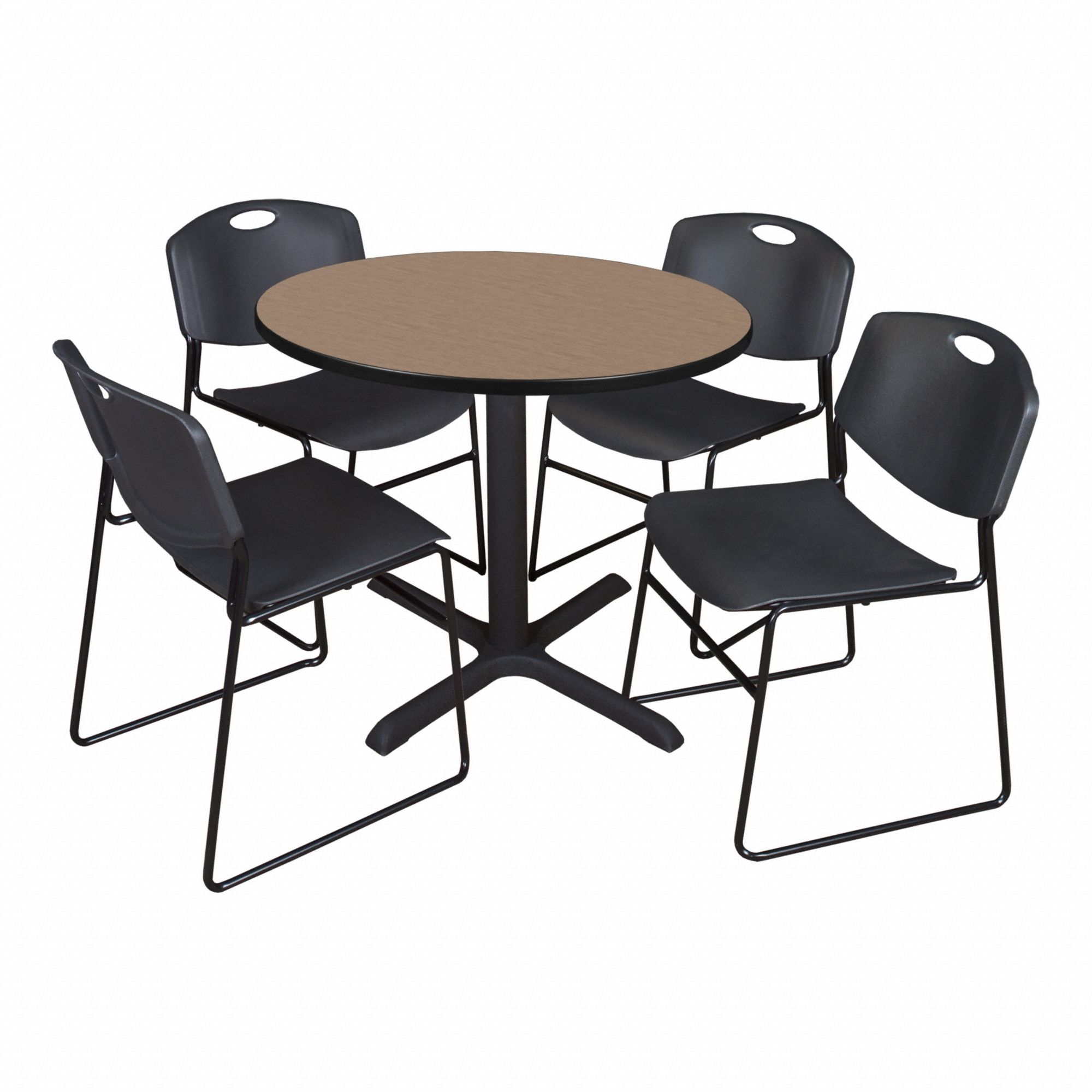 Cafe/Breakroom Table: Laminate, Oak, 29 in Overall Ht - Max, Circle, Black, 1 in Tabletop Thick
