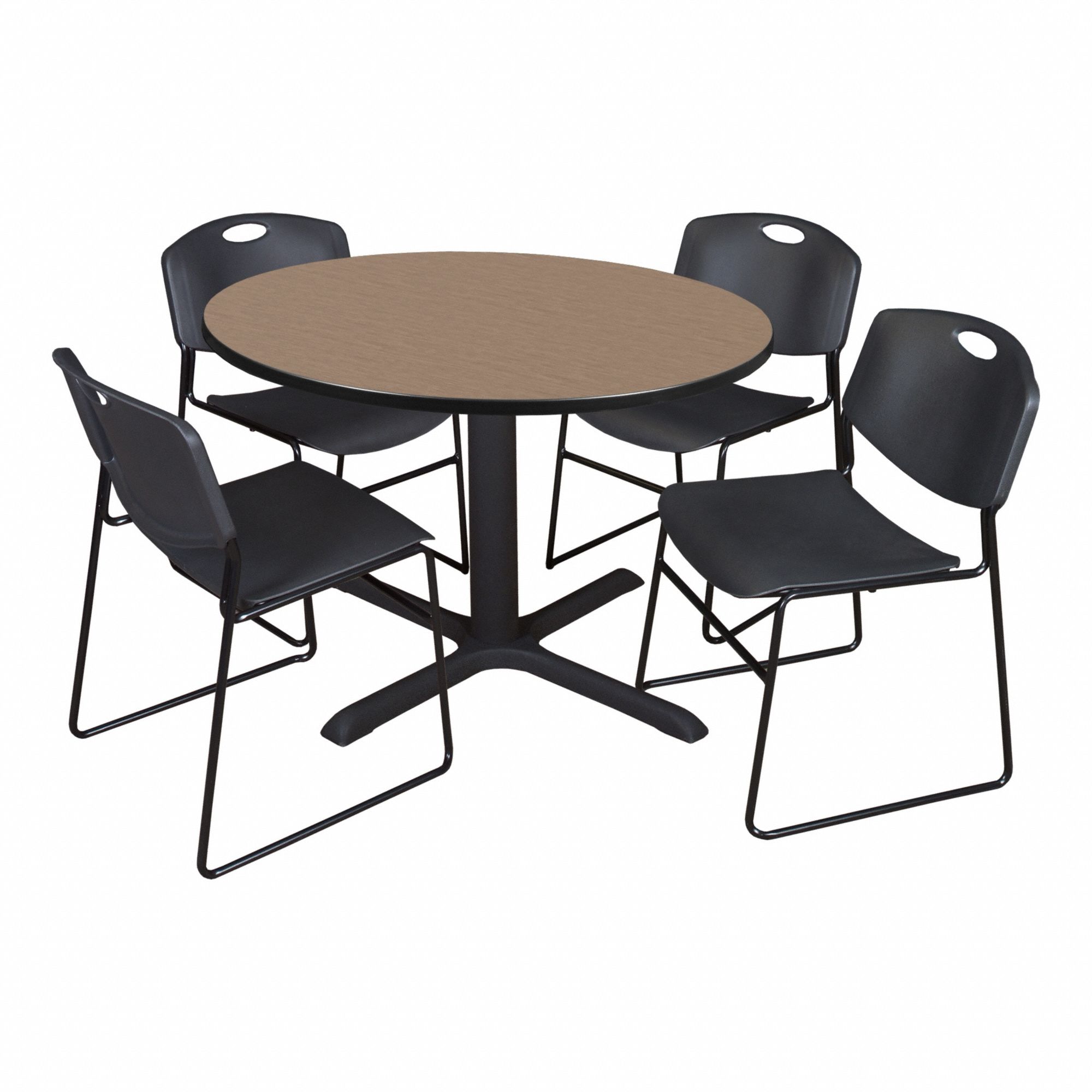 Cafe/Breakroom Table: Laminate, Oak, 29 in Overall Ht - Max, Circle, Black, 1 in Tabletop Thick