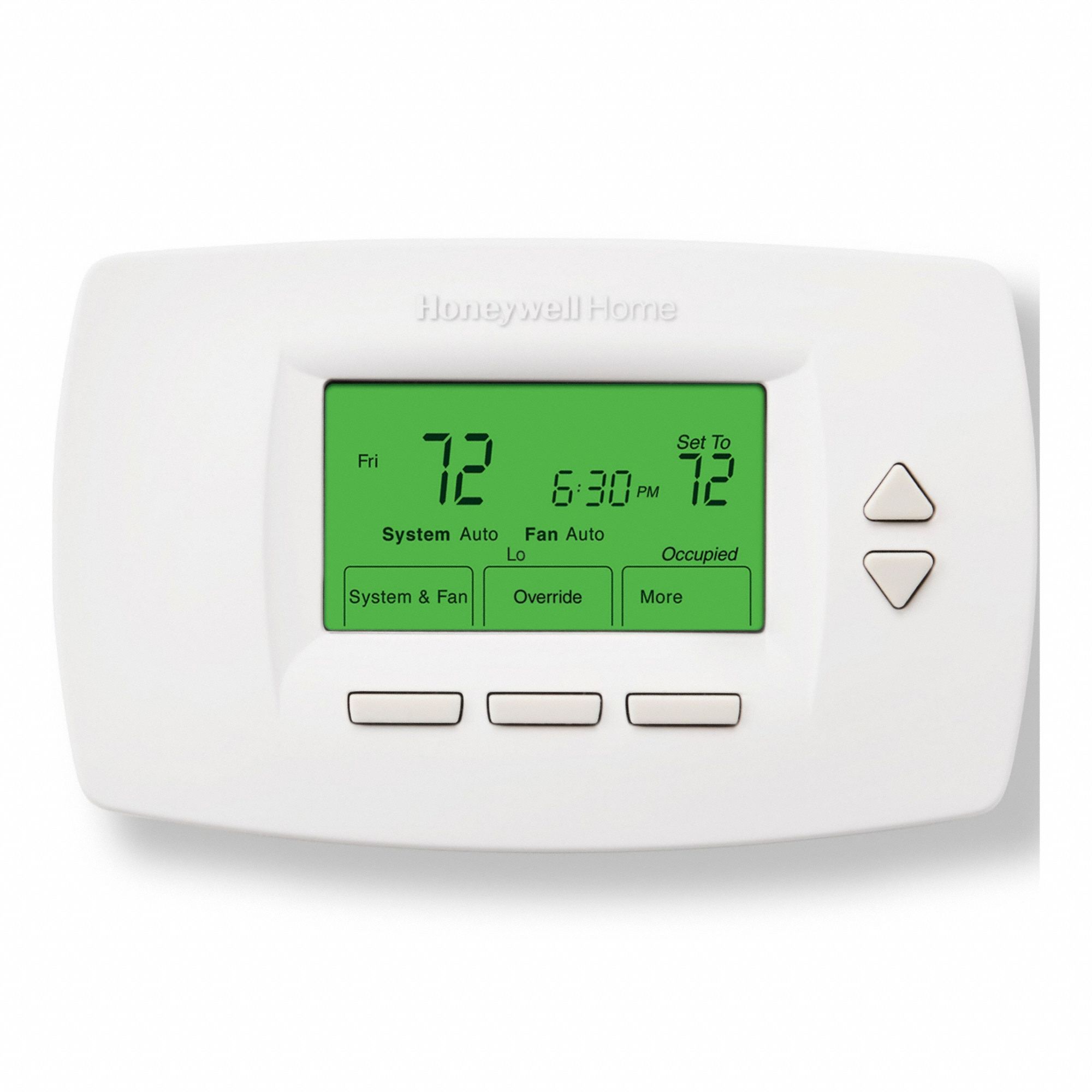 HONEYWELL HOME Fan Coil Thermostat: Heat and Cool, Auto and Manual, 7-Day, Horizontal, Rectangle (MPN TB7100A1000/U). Key specifications — Application: Heat and Cool; Stages: 2H/1C; Programming Capability: 7-Day; Shape: Rectangle; Terminal Designations: Y; Temperature Control Range: 0° to 120°F; Changeover Type: Automatic and Manual; Brand: HONEYWELL HOME.