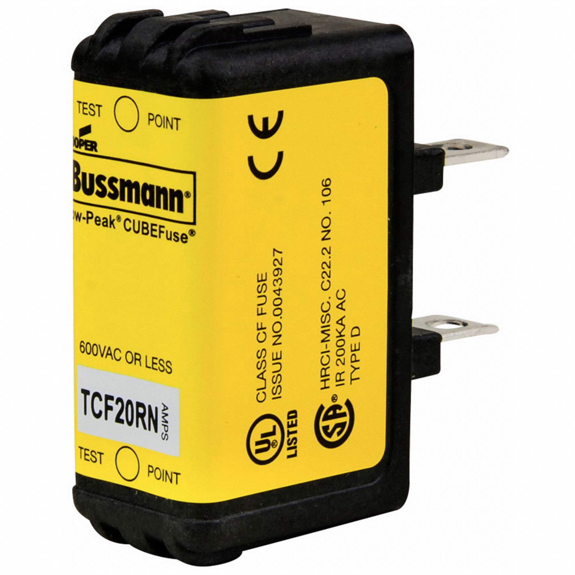 Fuse: Class CF, TCF Series, Time-Delay, 20 A, 600 V AC, 300 V DC, Non-Indicating