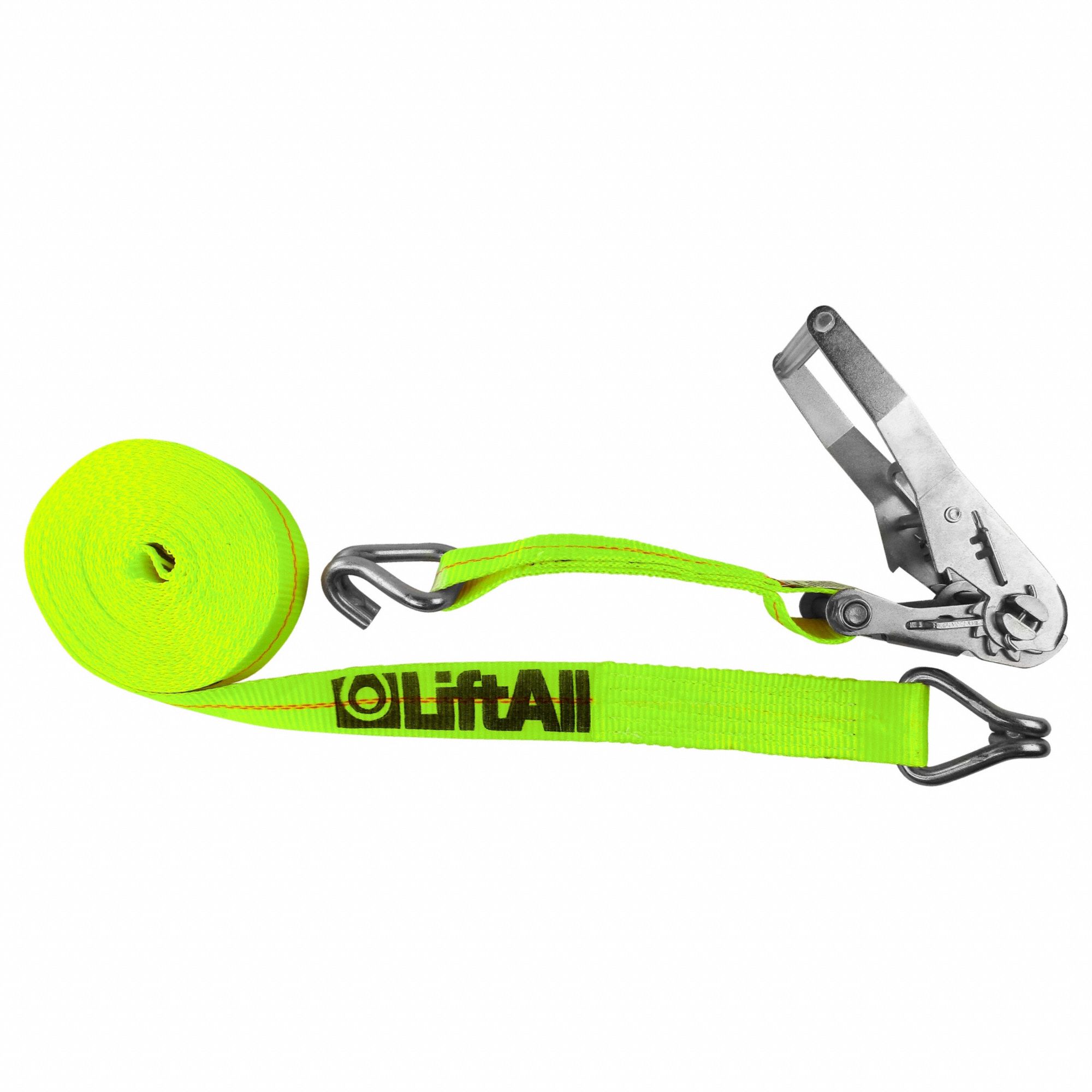 TIE DOWN STRAP, RATCHET, WIRE-HOOK, CUT-RESISTANT EDGES, 2 IN W, 3,300 LB WLL, YELLOW, 30 FT L