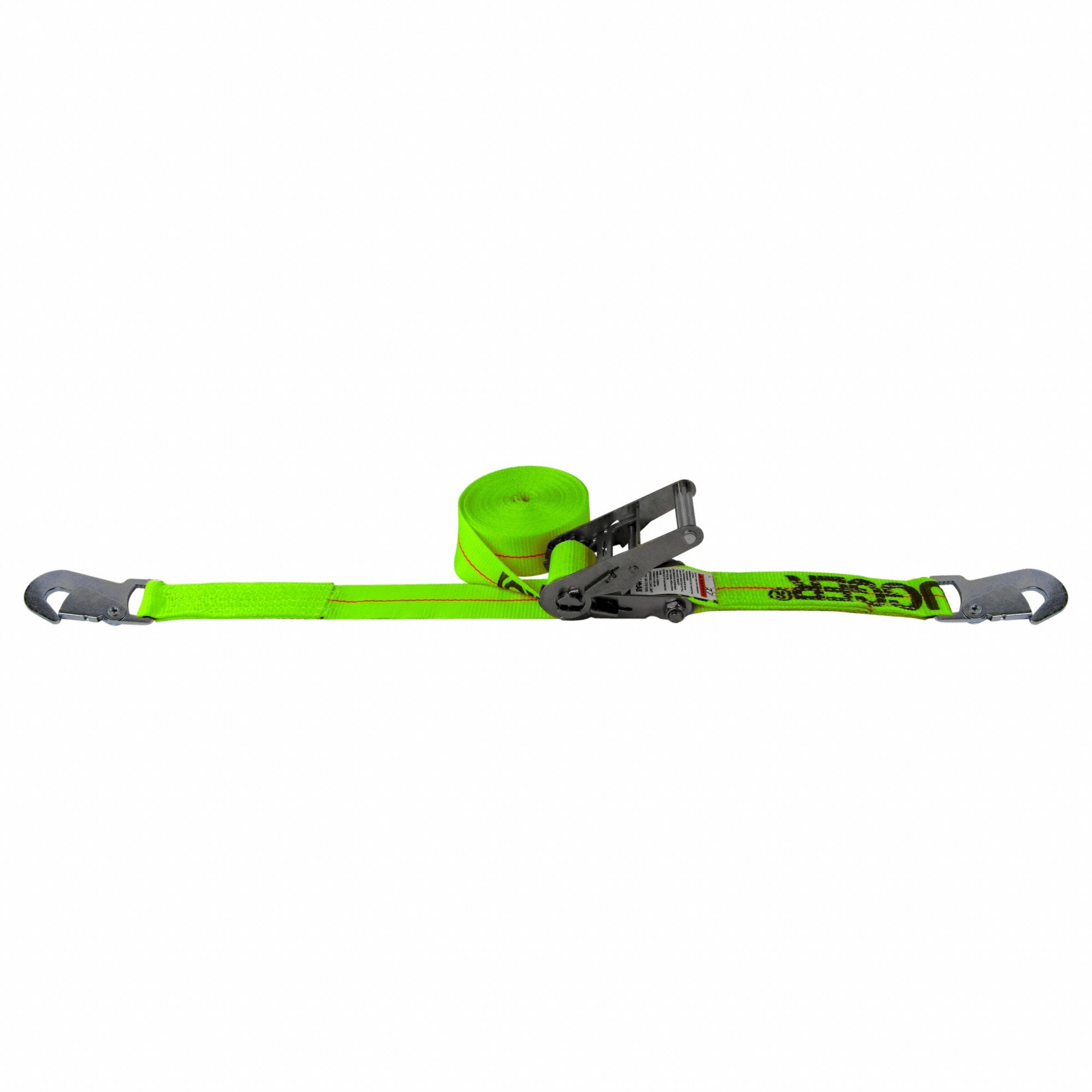 Tie Down Strap: Ratchet, Snap-Hook, Cut-Resistant Edges, 2 in Wd, 3, 300 lb WLL, 27 ft Lg
