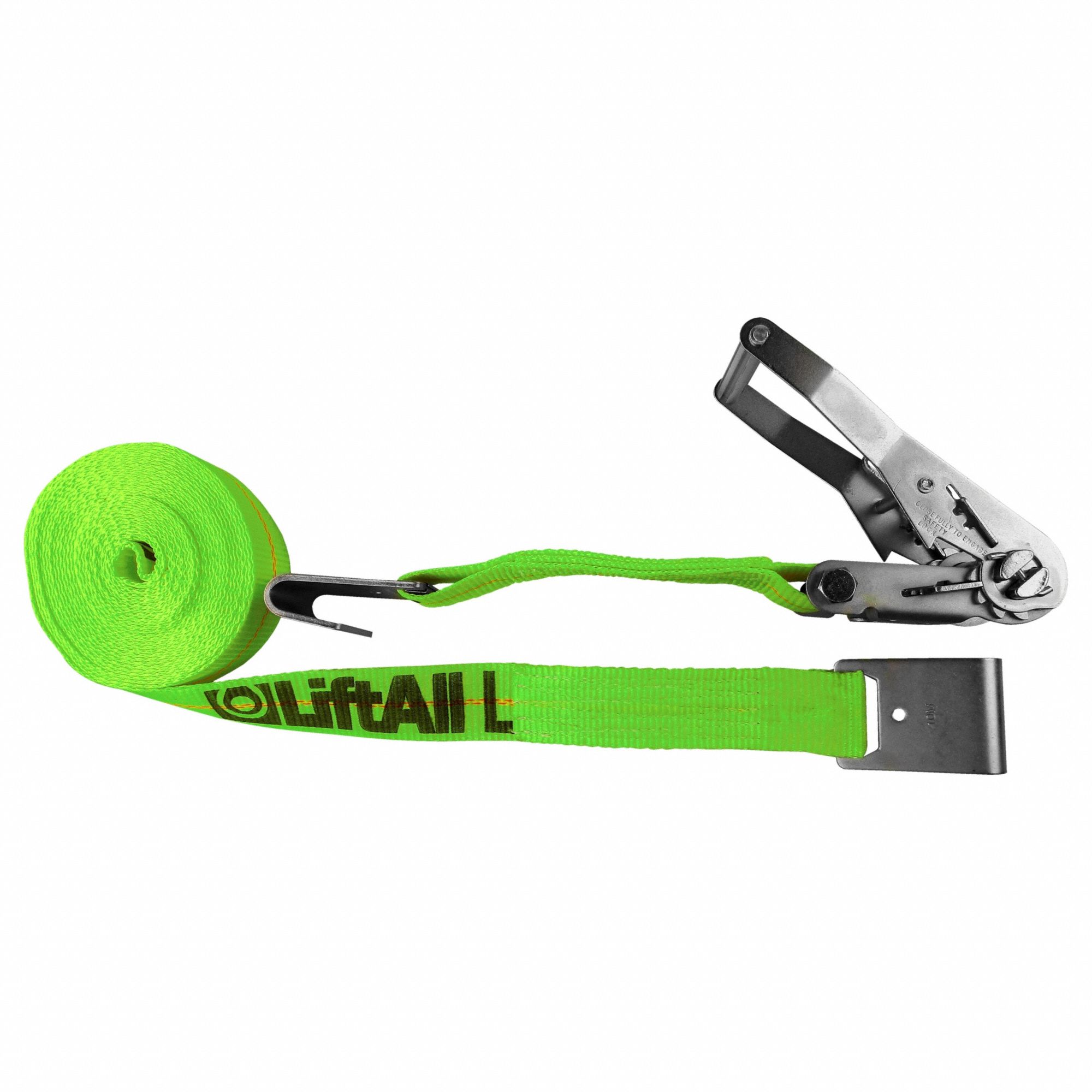 TIE DOWN STRAP, RATCHET, FLAT-HOOK, CUT-RESISTANT EDGES, 2 IN W, 3,300 LB WLL, GREEN, 30 FT L