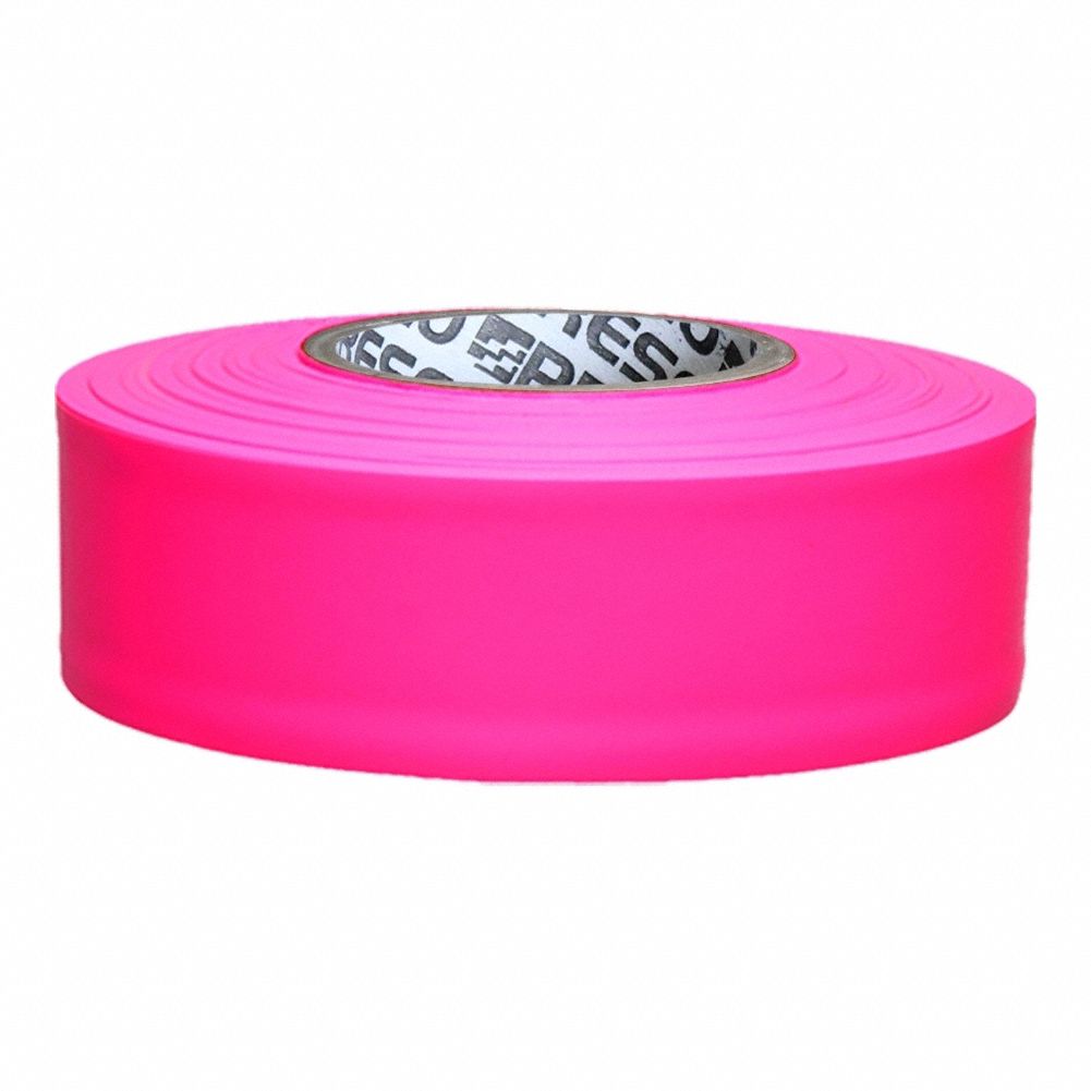 Flagging Tape: Fluorescent Pink, No Legend, No Pattern, 150 ft Lg, 1 3/16 in Wd, Vinyl
