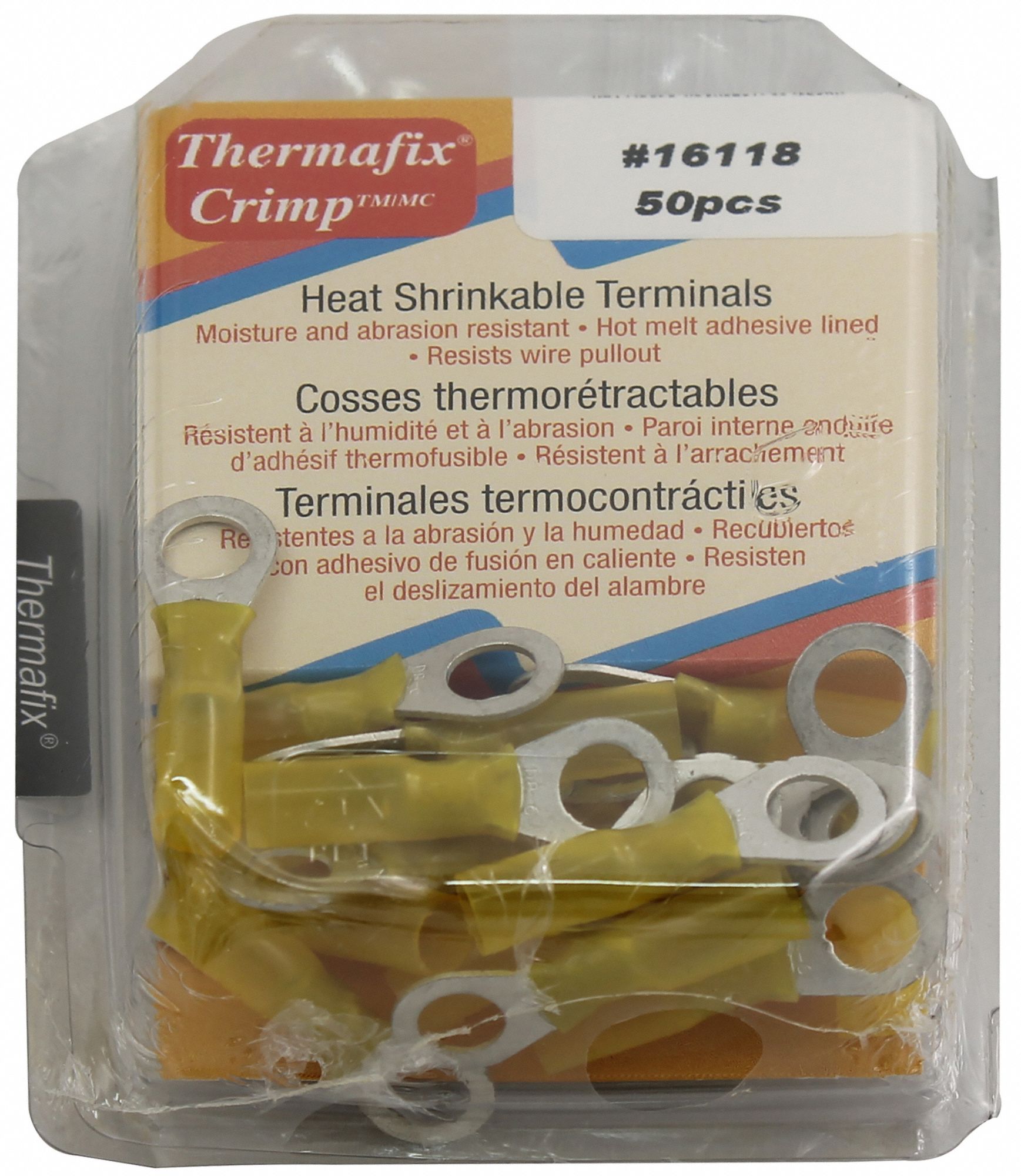 RING TERMINALS, HEAT SHRINKABLE, HOT MELT ADHESIVE, YELLOW, STUD SZ 5/16 IN, PK 50