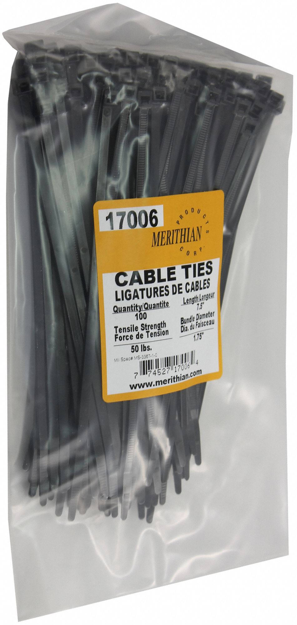 CABLE TIES, NYLON 6/6, BLACK, 0.18 IN WIDTH, 7.5 IN, UV STABILIZED