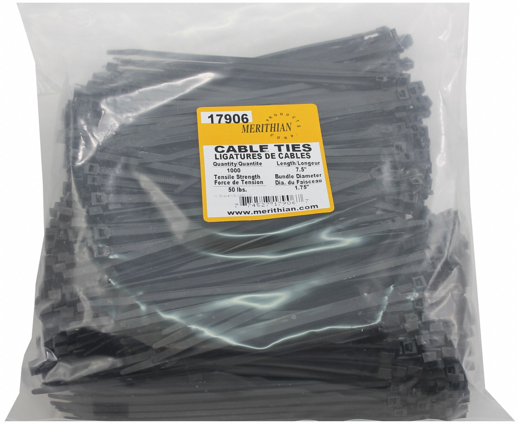 CABLE TIES, NYLON 6/6, BLACK, 0.18 IN WIDTH, 7.5 IN, UV STABILIZED, 1000 PK