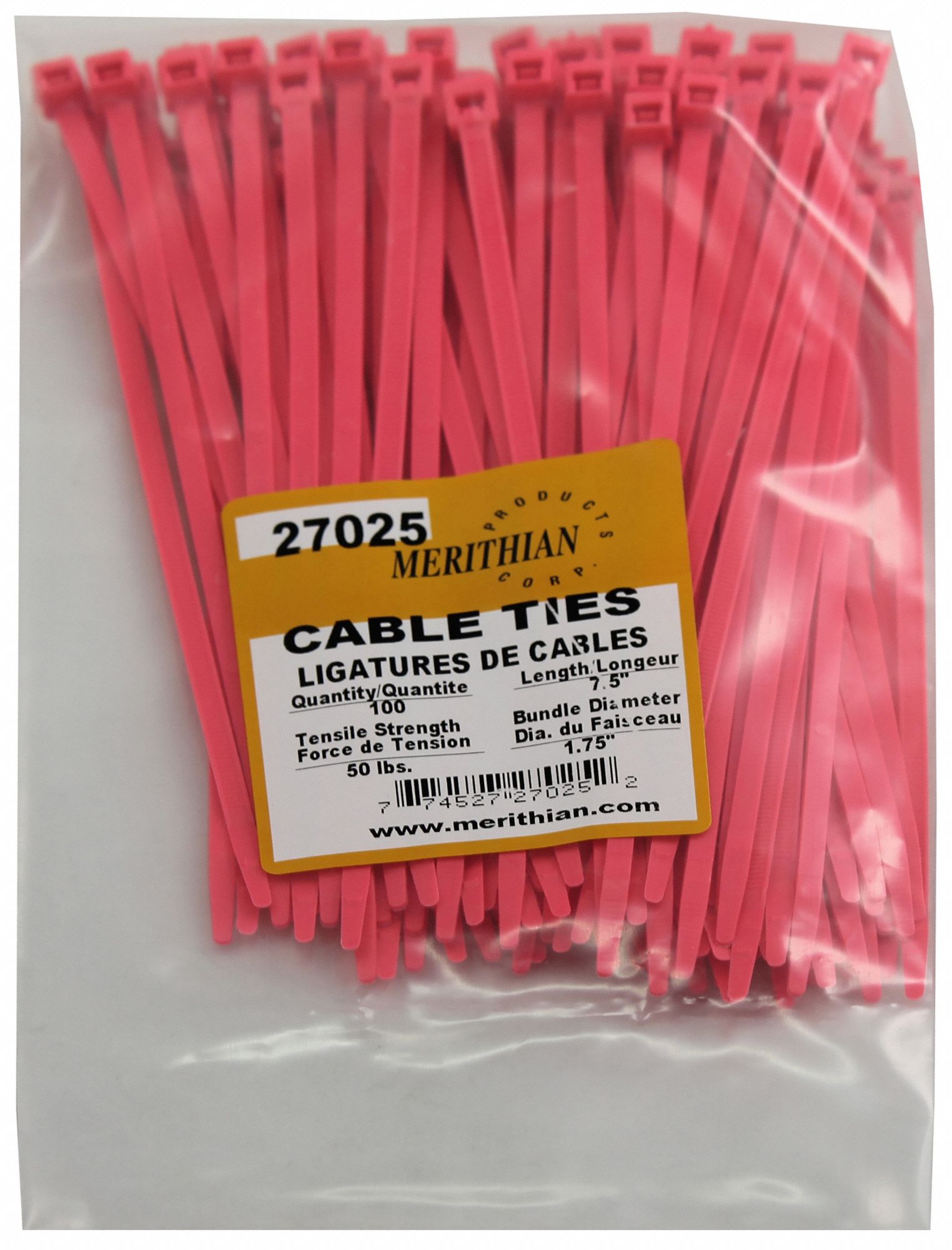 CABLE TIES, NYLON 6/6, PINK, 0.185 IN WIDTH, 7.5 IN, 100 PK