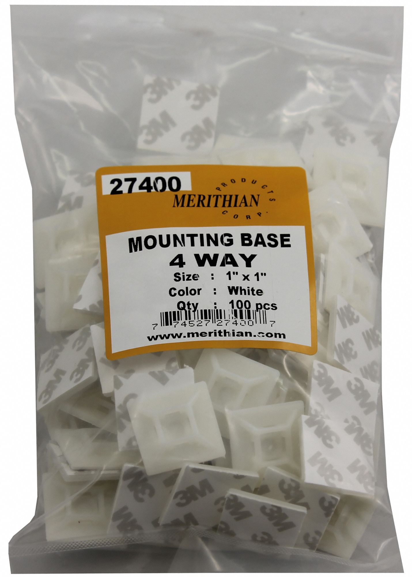 CABLE TIE MOUNTING BASE, 50 LB, WHITE, 1 X 1 IN, PK 100