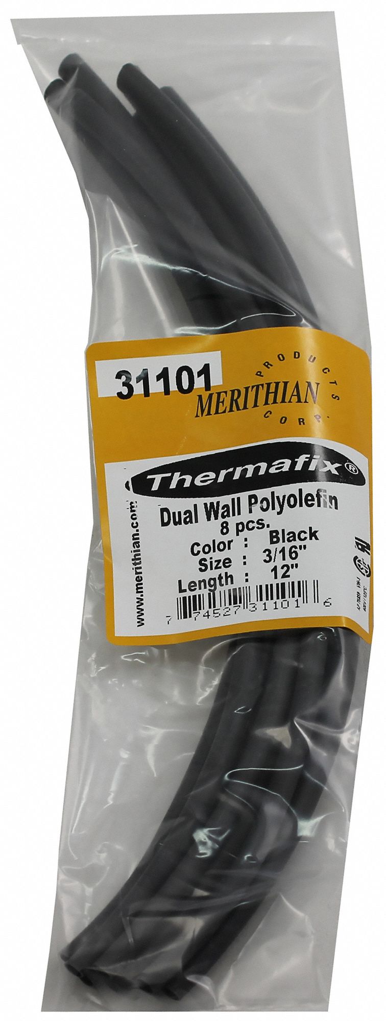 HEAT SHRINK TUBING, POLYOLEFIN, BLK, 3:1 SHRINK, 12 IN, 0.1875 IN ID BEFORE SHRINKING