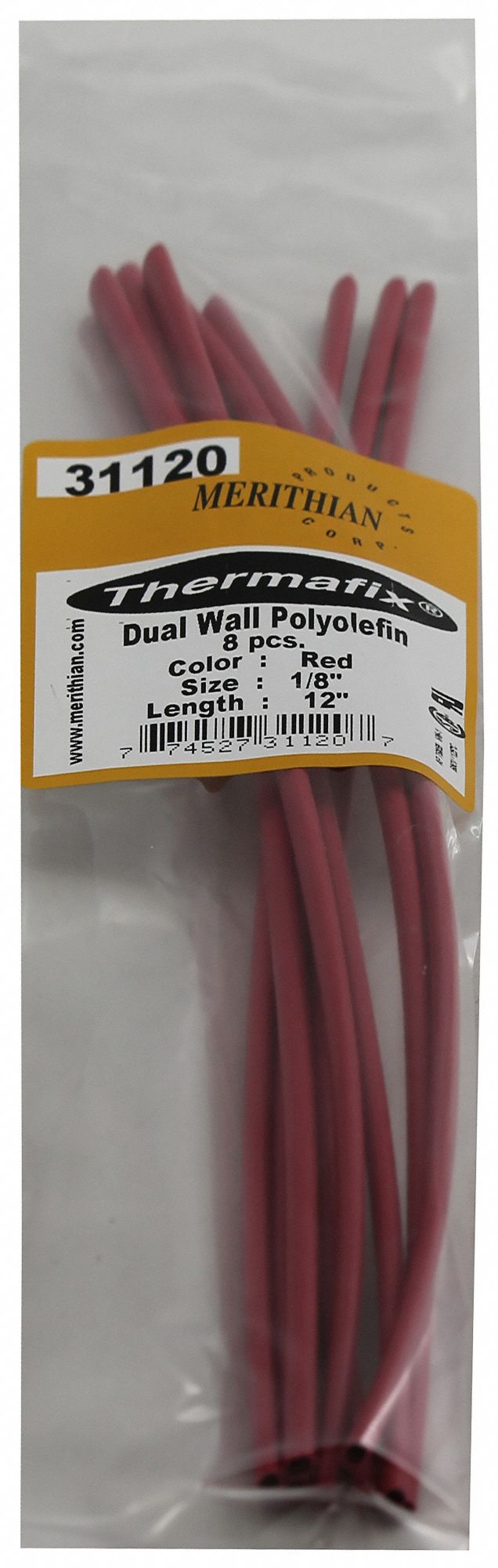 HEAT SHRINK TUBING, POLYOLEFIN, RED, 3:1 SHRINK, 12 IN, 0.125 IN ID BEFORE SHRINKING