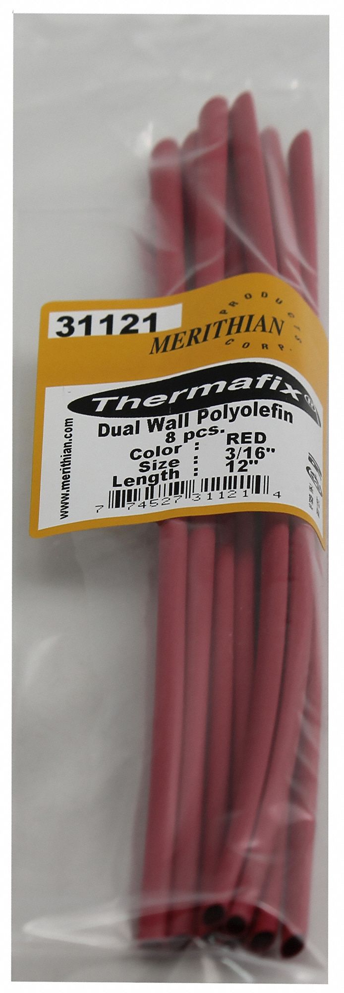 HEAT SHRINK TUBING, POLYOLEFIN, RED, 3:1 SHRINK, 12 IN, 0.1875 IN ID BEFORE SHRINKING