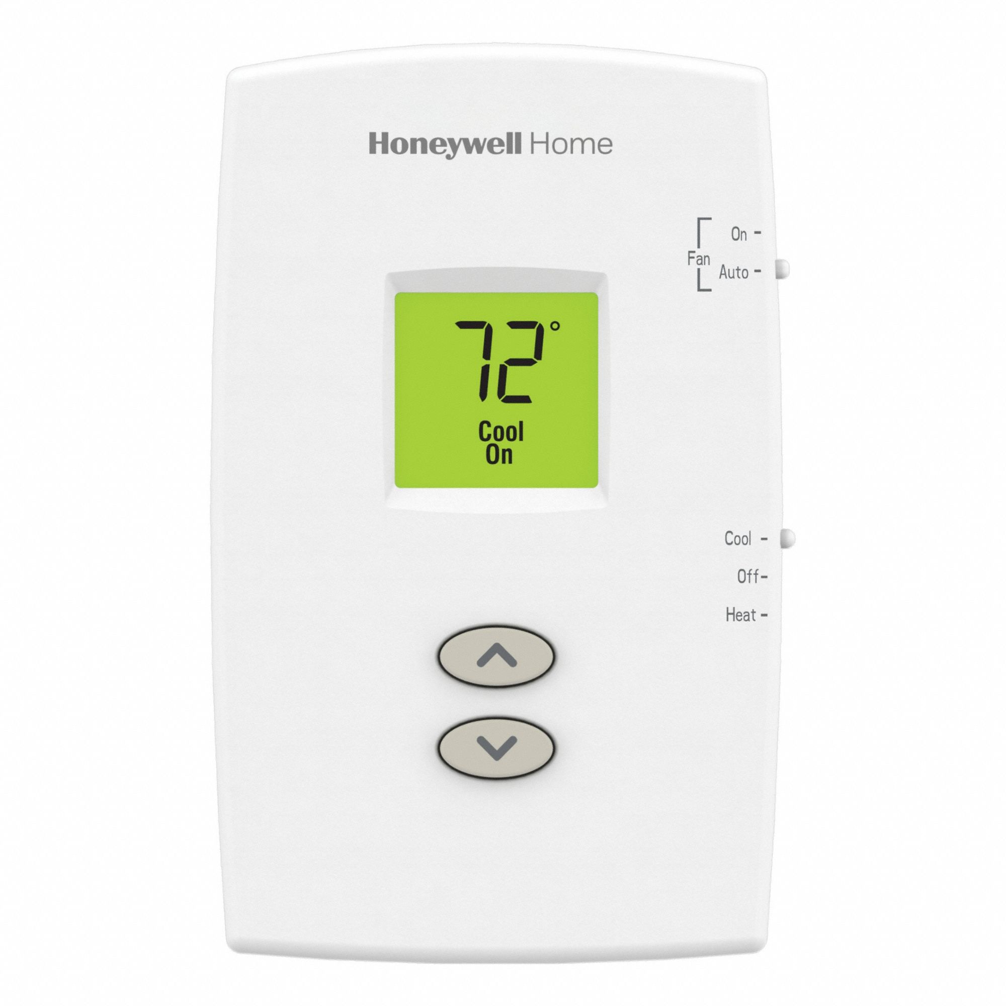 HONEYWELL HOME Low Voltage Thermostat: Heat or Cool, Manual, C/R/W, Auto-On, Cool-Heat-Off, Vertical (MPN TH1110DV1009/U). Key specifications — Application: Heat or Cool; Key Features: Dual Powered; Voltage: 20V AC; Terminal Designations: R; System Settings: Cool-Heat-Off; Temperature Control Range: 40° to 99°F; Changeover Type: Manual; Shape: Rectangle.
