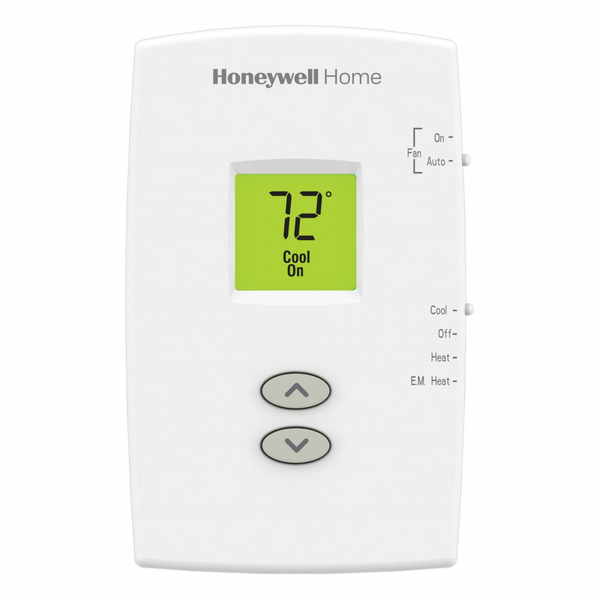 HONEYWELL HOME Low Voltage Thermostat: Heat or Cool, Manual, AUX/E/B/C/G/O/R/Terminal Designations (MPN TH1210DV1007/U). Key specifications — Application: Heat or Cool; Key Features: Dual Powered; Voltage: 20V AC; Terminal Designations: Y; System Settings: Cool-Emergency Heat-Heat-Off; Temperature Control Range: 40° to 99°F; Changeover Type: Manual; Shape: Rectangle.