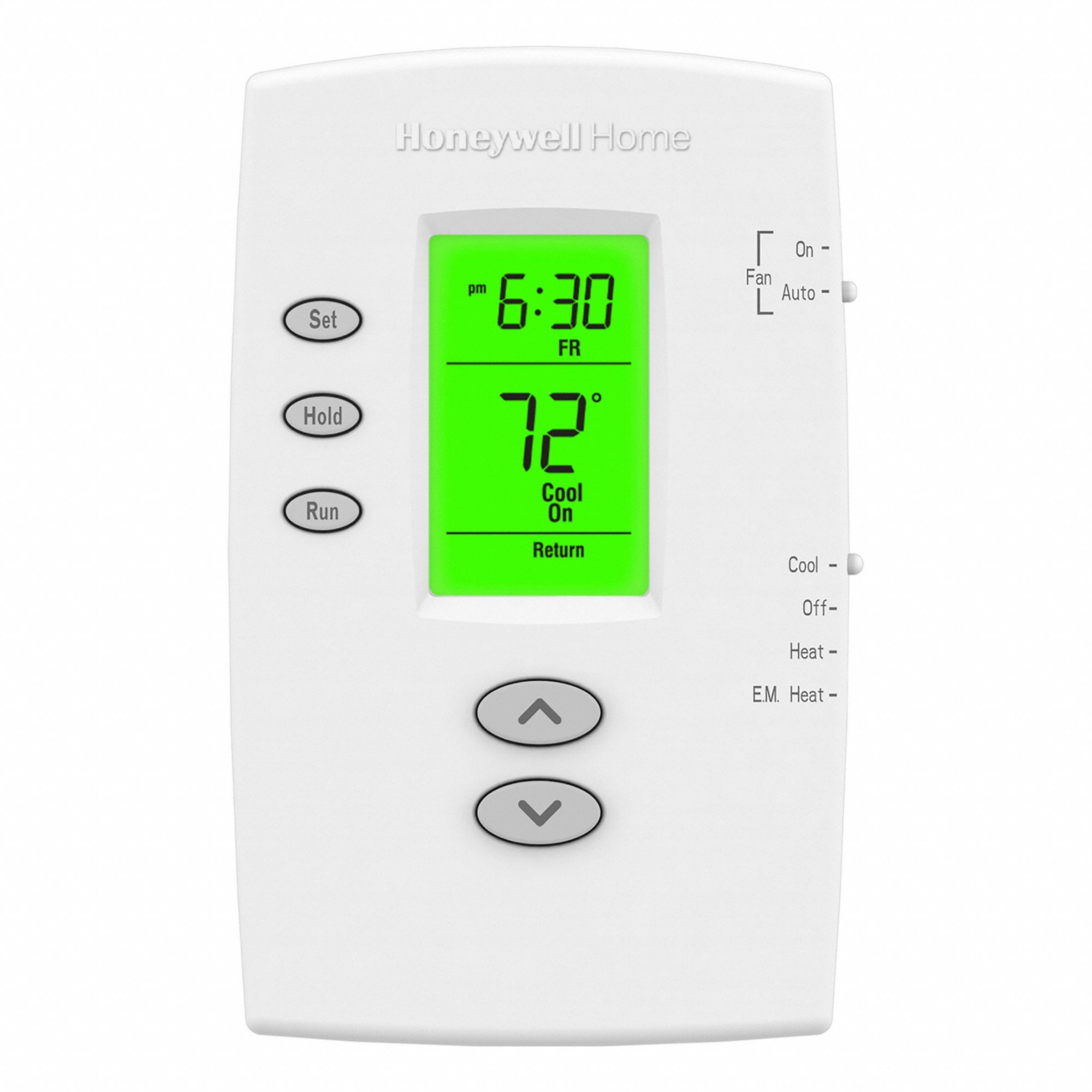 HONEYWELL HOME Low Voltage Thermostat: Heat and Cool, Manual, AUX/E/B/C/G/O/R/Terminal Designations (MPN TH2210DV1006/U). Key specifications — Application: Heat and Cool; Stages: 2H/1C Conventional, 2H/1C Heat Pump; Programming Capability: 5-2; Shape: Rectangle; Terminal Designations: Y; Temperature Control Range: 40° to 99°F; Changeover Type: Manual; Brand: HONEYWELL HOME.