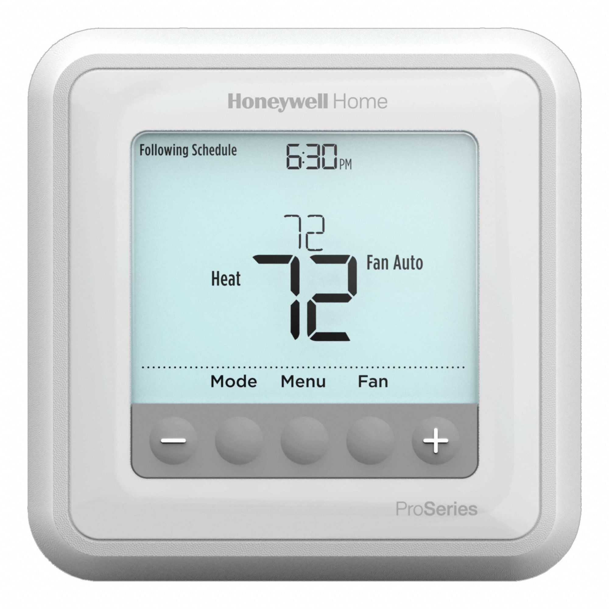 HONEYWELL HOME Low Voltage Thermostat: Heat and Cool, Auto, 5-1-1/5-2/7 Day, Horizontal, Square (MPN TH6210U2001/U). Key specifications — Application: Heat and Cool; Stages: 1H/1C Conventional, 2H/1C Heat Pump; Programming Capability: 5-1-1; Shape: Square; Terminal Designations: U; Temperature Control Range: 40° to 99°F; Changeover Type: Automatic; Brand: HONEYWELL HOME.
