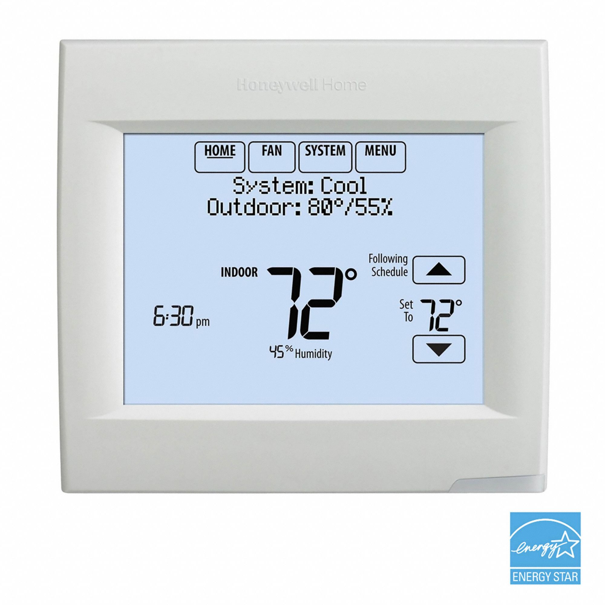 HONEYWELL HOME Low Voltage Thermostat: Heat and Cool, Auto and Manual, 7 Day, Horizontal, Rectangle (MPN TH8110R1008). Key specifications — Application: Heat and Cool; Stages: 1H/1C Conventional, 1H/1C Heat Pump; Programming Capability: 7 Day; Shape: Rectangle; Terminal Designations: G; Temperature Control Range: 40° to 99°F; Changeover Type: Automatic and Manual; Brand: HONEYWELL HOME.