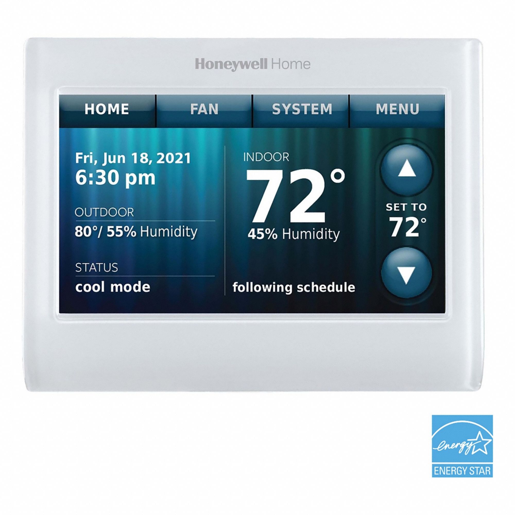 HONEYWELL HOME Wireless WiFi Thermostat: White, 7-Day, Touch Screen, Smart Response/Voice Enabled (MPN TH9320WF5003). Key specifications — Housing Color: White; Programming Capability: 7-Day; Terminal Designations: RC; Smart Capabilities: Smart Response; Humidification Control: No; Brand: HONEYWELL HOME; Control Type: Touch Screen; Fan Settings: Auto-On-Circulate.