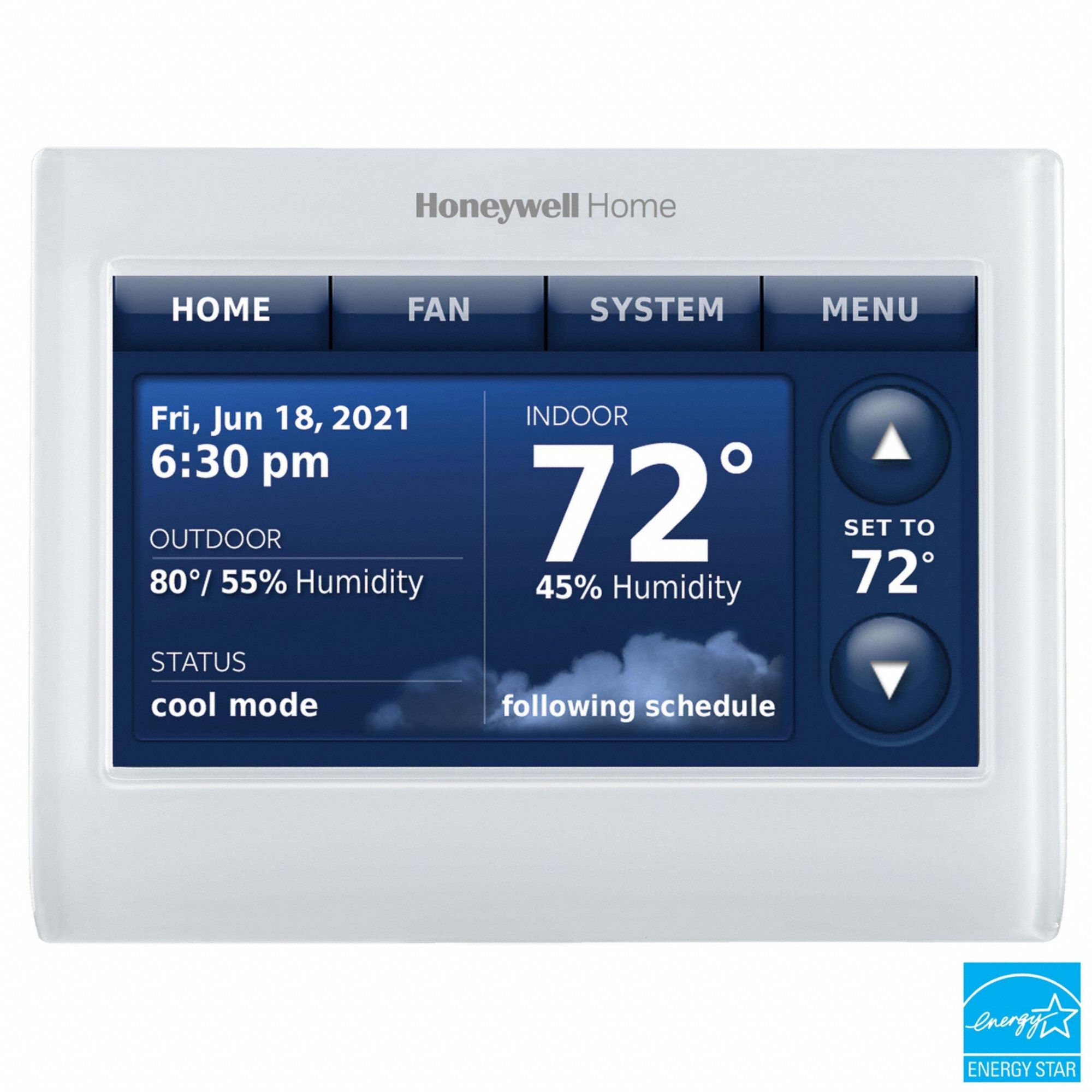 HONEYWELL HOME Wireless Thermostat: Heat and Cool, Auto, C/R, 7 Day, Horizontal, Rectangle (MPN THX9421R5021WW/U). Key specifications — Application: Heat and Cool; Stages: 3H/2C Conventional, 4H/2C Heat Pump; Programming Capability: 7 Day; Shape: Rectangle; Terminal Designations: R; Temperature Control Range: 40° to 99°F; Changeover Type: Automatic; Brand: HONEYWELL HOME.