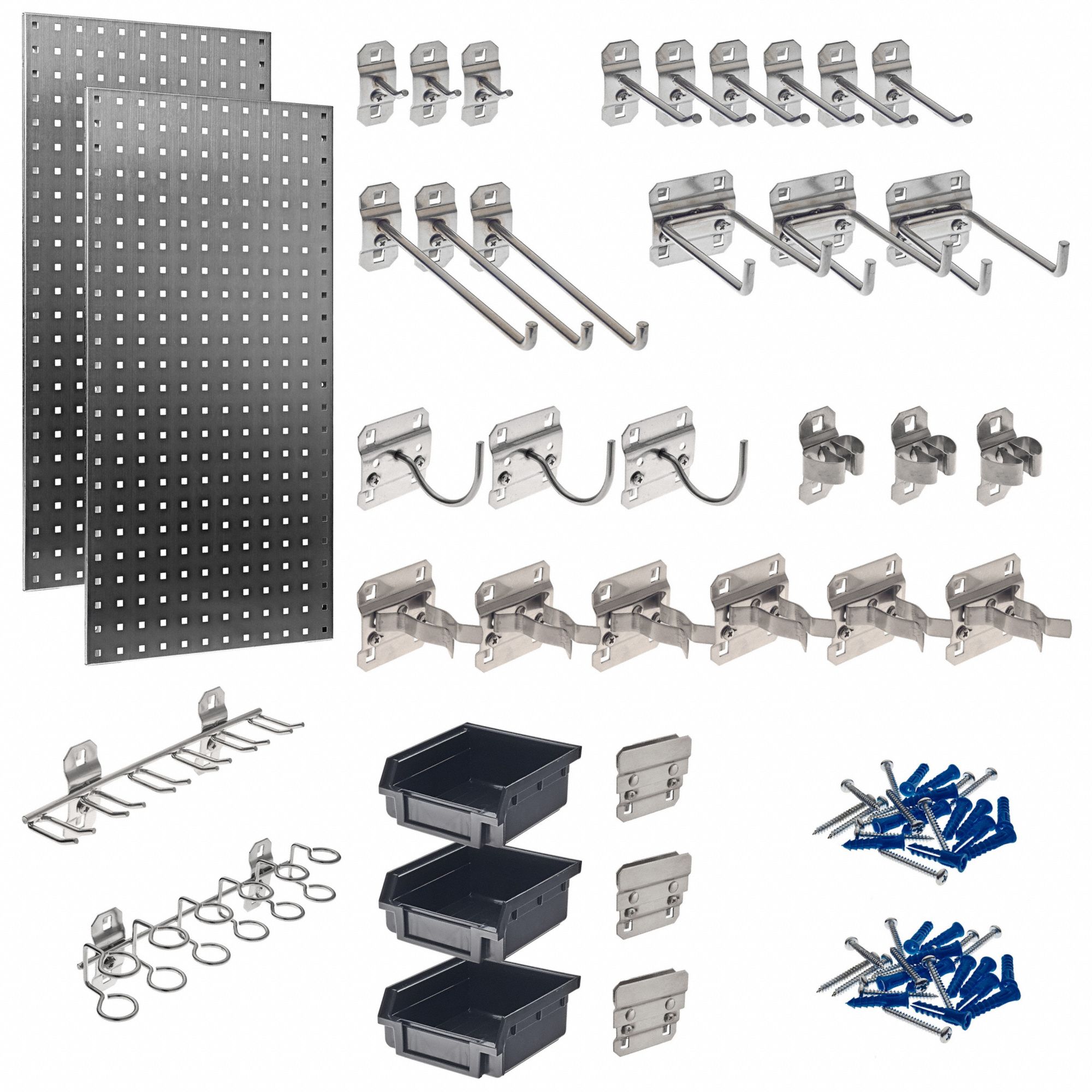 PEGBOARD PANEL KIT, 275 LB CAPACITY, 32 HOOKS, 3 BINS, SILVER, 36 X 18 X 9/62 IN, STAINLESS STEEL