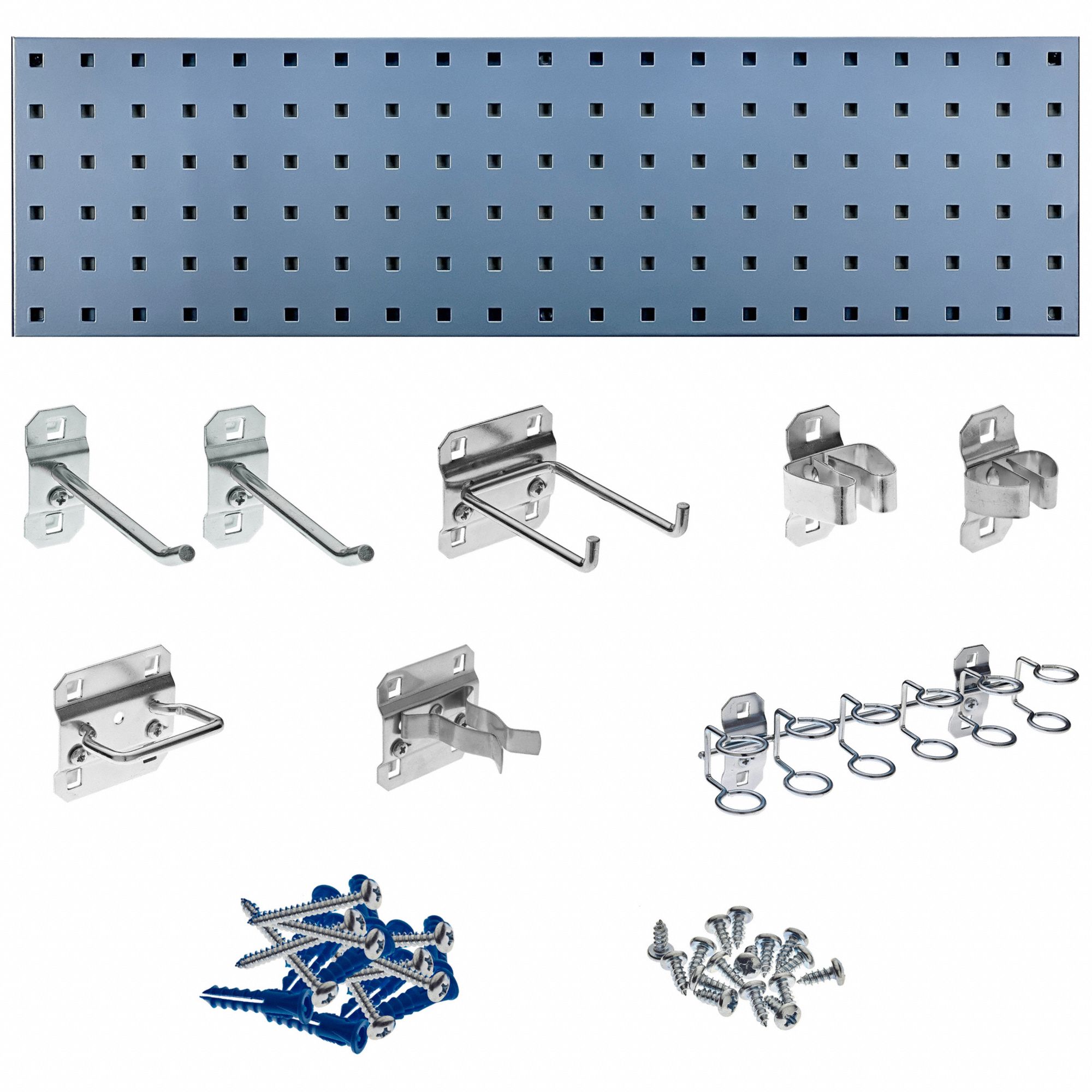 PEGBOARD STRIP KIT, 35 LB, 8 HOOKS, 2 SQ FT TOOL STORAGE, SILVER, 31 1/2 X 9 X 9/62 IN, STEEL