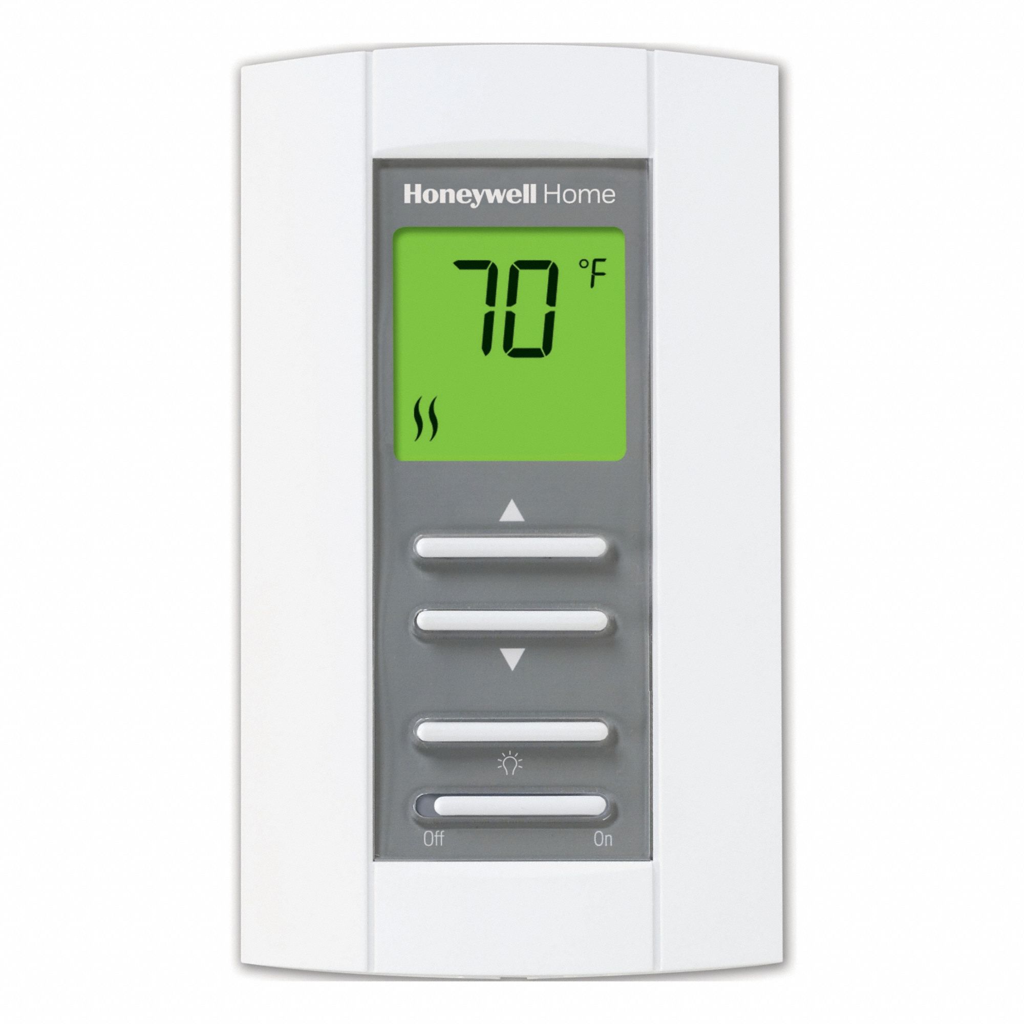 HONEYWELL HOME Line Voltage Thermostat: Heat Only, Heat-Off, 32° to 122°F, Push Button, 208/240 V AC (MPN TL7235A1003). Key specifications — Application: Heat Only; Key Features: Soundproofed for Quiet Operation; System Settings: Heat-Off; Switch Type/Action: DPST, Open on Rise; Temperature Control Range: 32° to 122°F; Stages: 1H; Voltage: 208/240 V AC; Brand: HONEYWELL HOME.