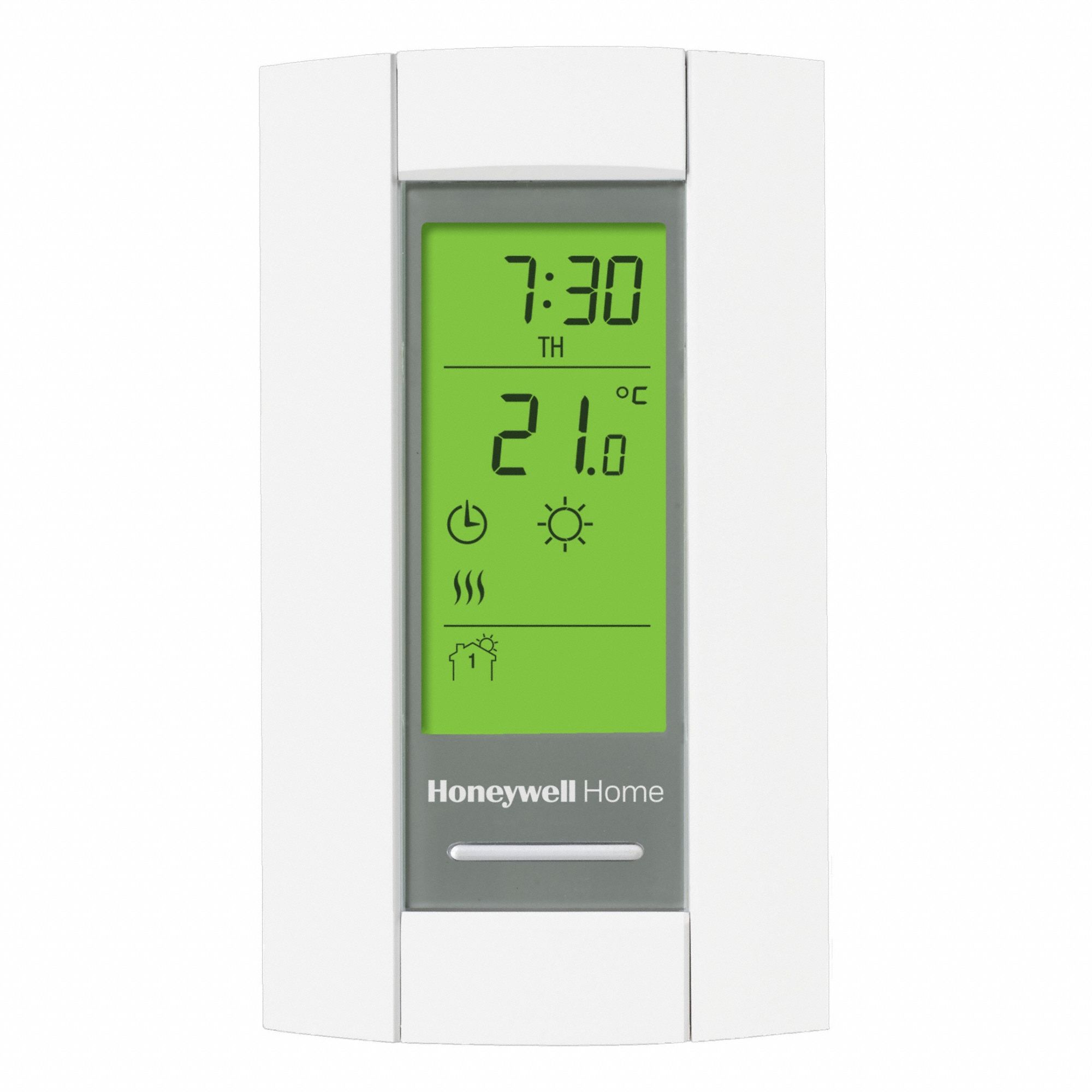 HONEYWELL HOME Thermostat: 7-Day, 32° to 86°F, On-Standby, 208 V AC_240 V AC Volt, 1H (MPN TL8130A1005/U). Key specifications — System Settings: On-Standby; Programming Capability: 7-Day; Switch Type/Action: SPST, Open on Rise; Temperature Control Range: 32° to 86°F; Stages: 1H; Key Features: Away/Economy Mode; Brand: HONEYWELL HOME.