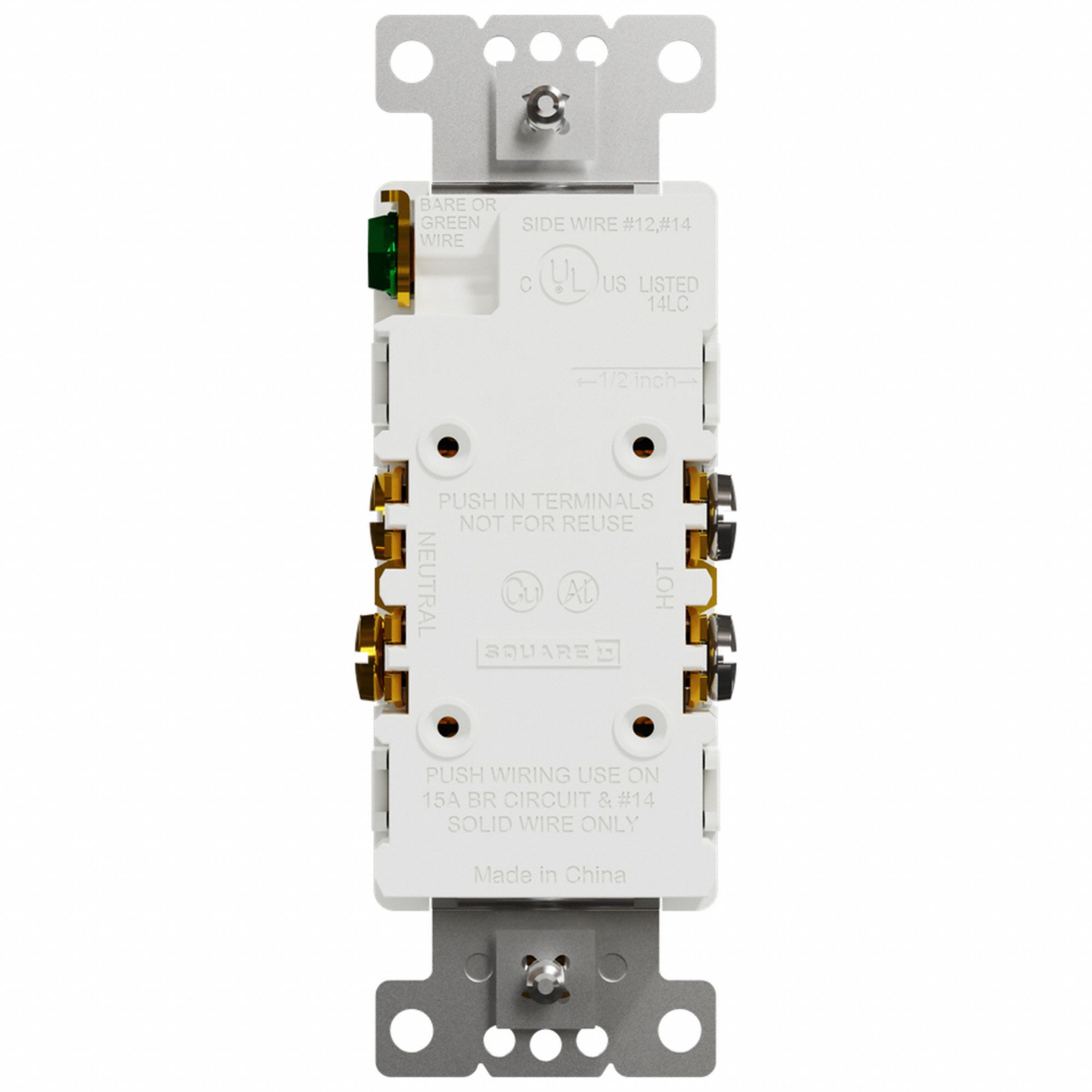 SOCKET OUTLET, 125 V AC, 1.06 W X 4.06 H X 1.06 IN D, WHITE HOUSING, 2 POLES, 1 GANG, 12 TO 14 AWG
