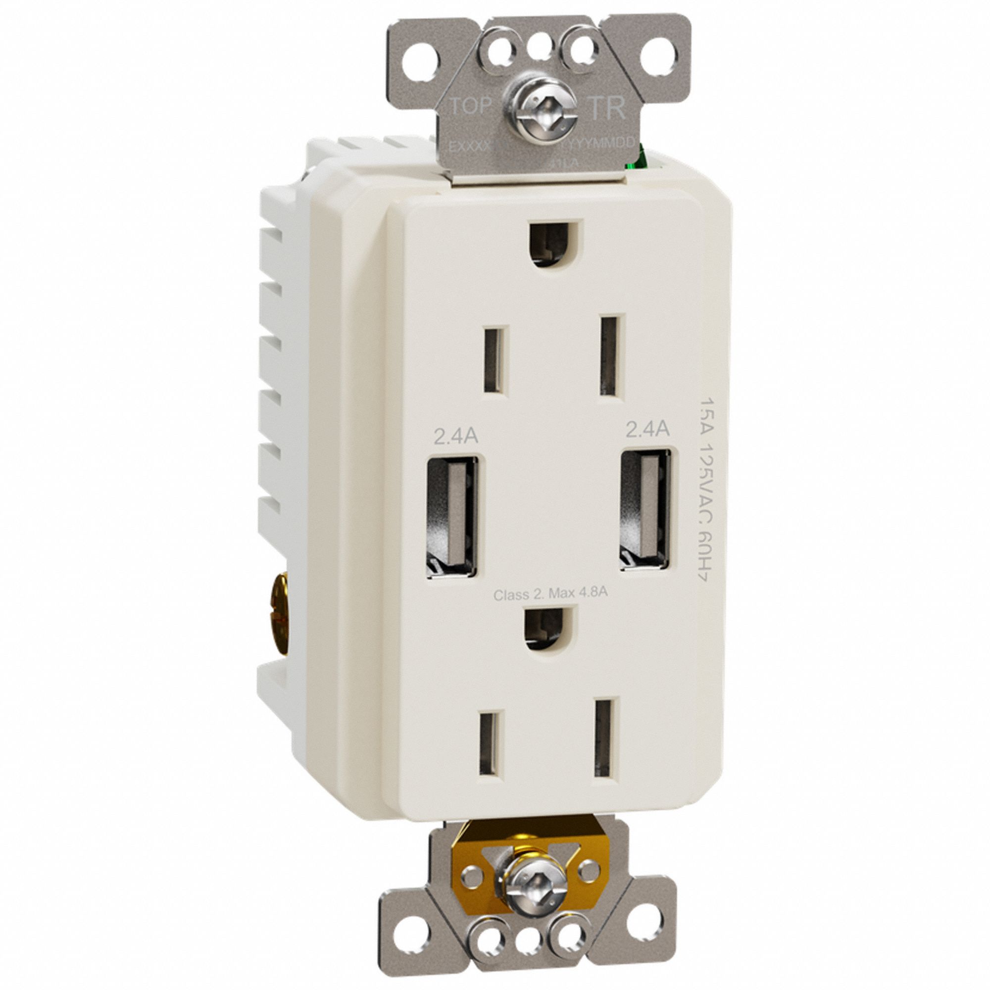 SOCKET OUTLET WITH USB CHARGER, 125 V AC, 1.8 IN D, ALMOND HOUSING, 2 POLES