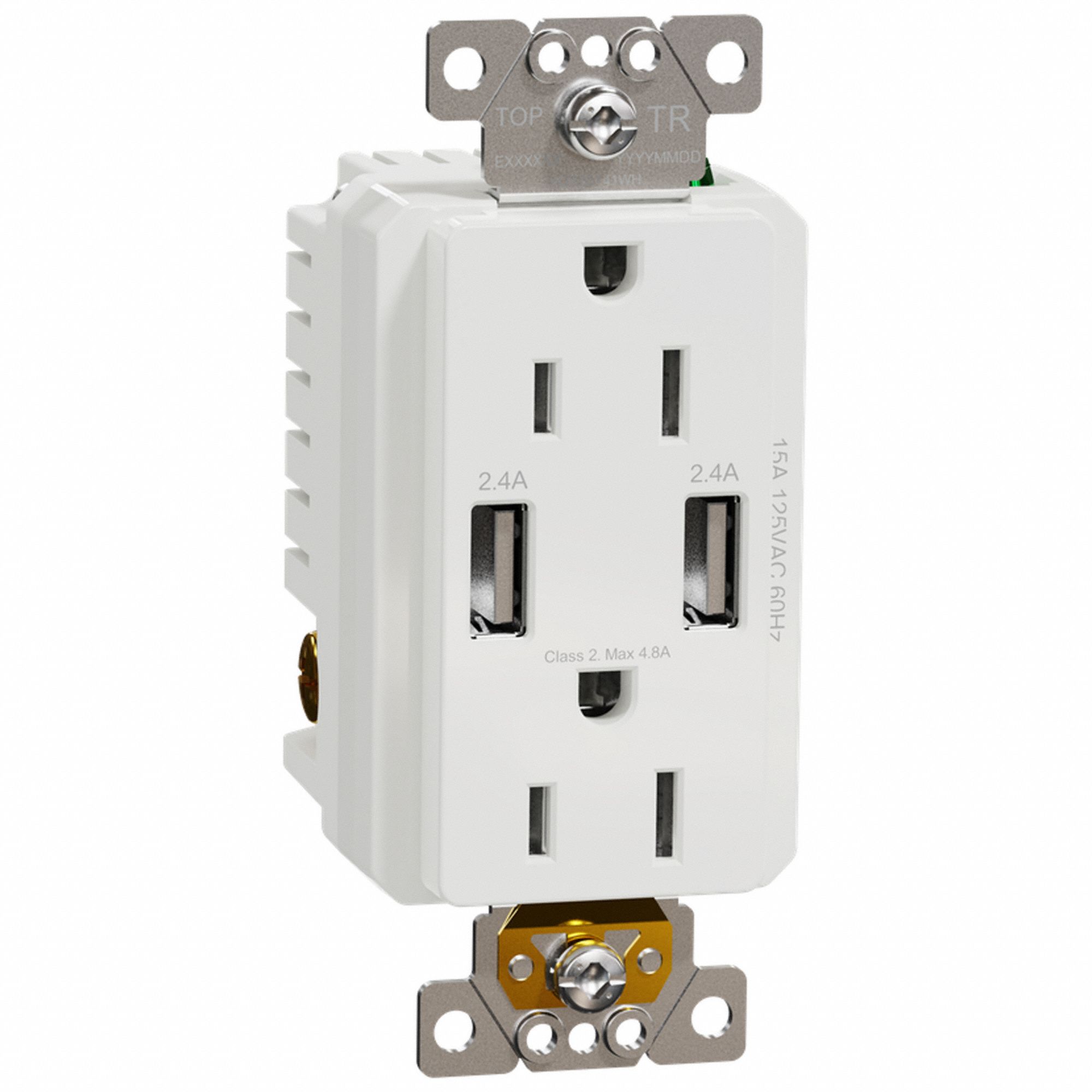 SOCKET OUTLET WITH USB CHARGER, 125 V AC, 1.8 IN D, WHITE HOUSING, 4 POLES
