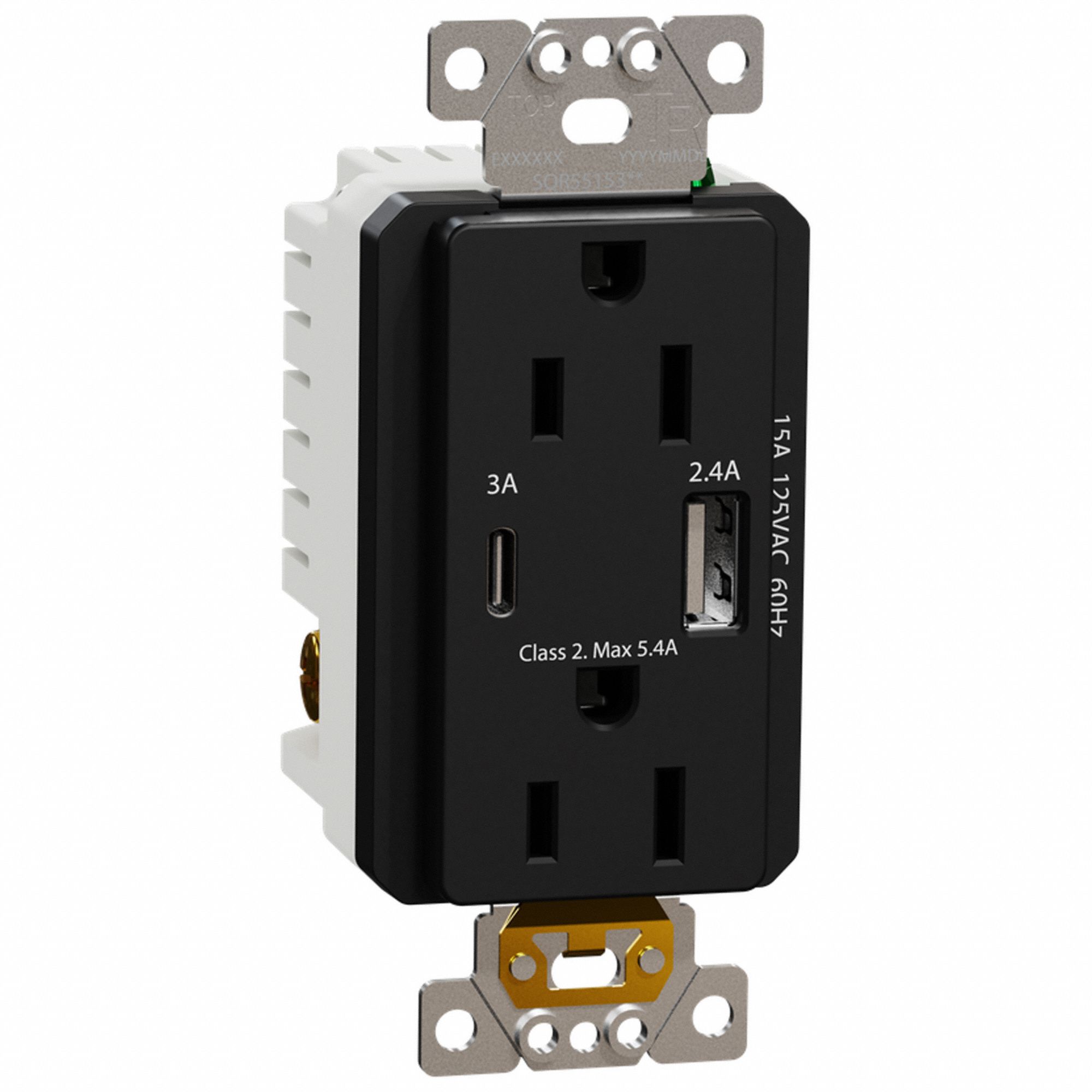 SOCKET OUTLET WITH USB CHARGER, 125 V AC, 1.7 IN D, BLACK HOUSING, 2 POLES