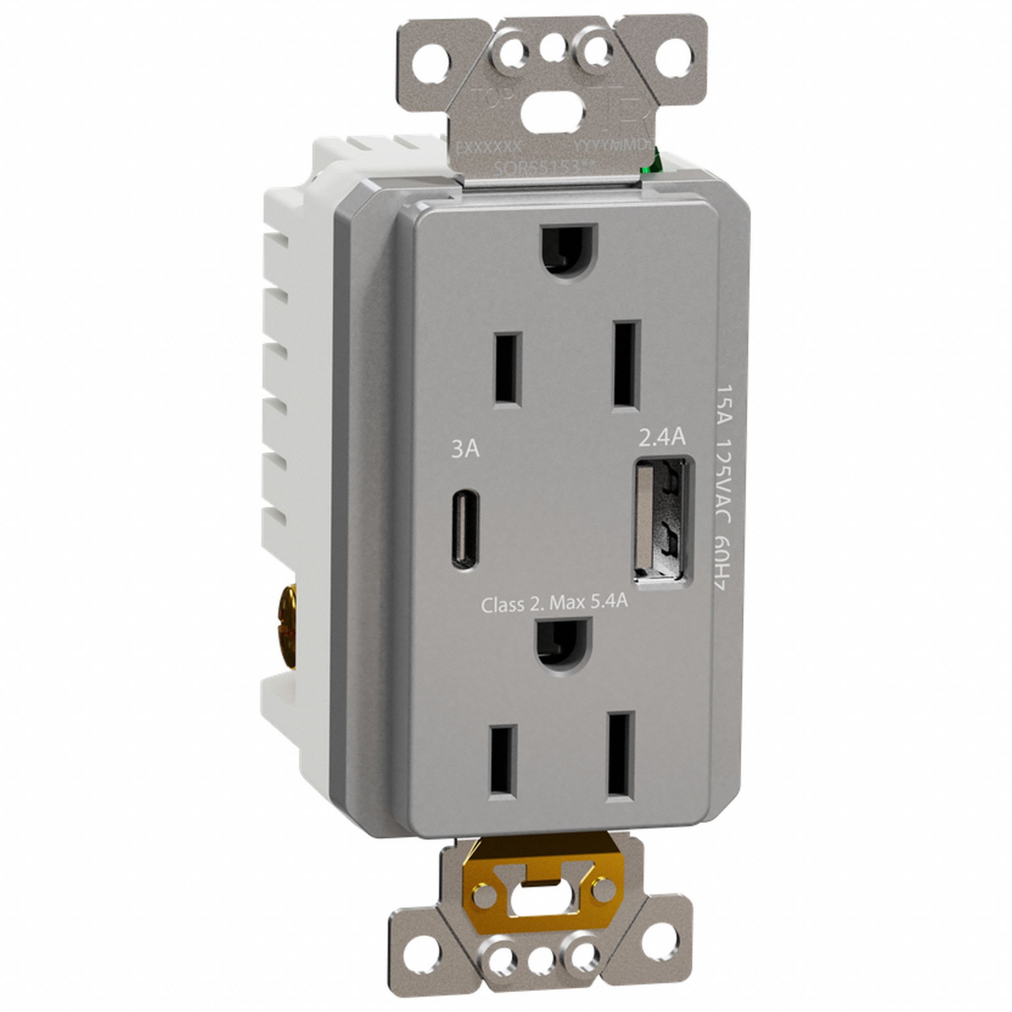 SOCKET OUTLET WITH USB CHARGER, 125 V AC, 1.7 IN D, GREY HOUSING, 4 POLES