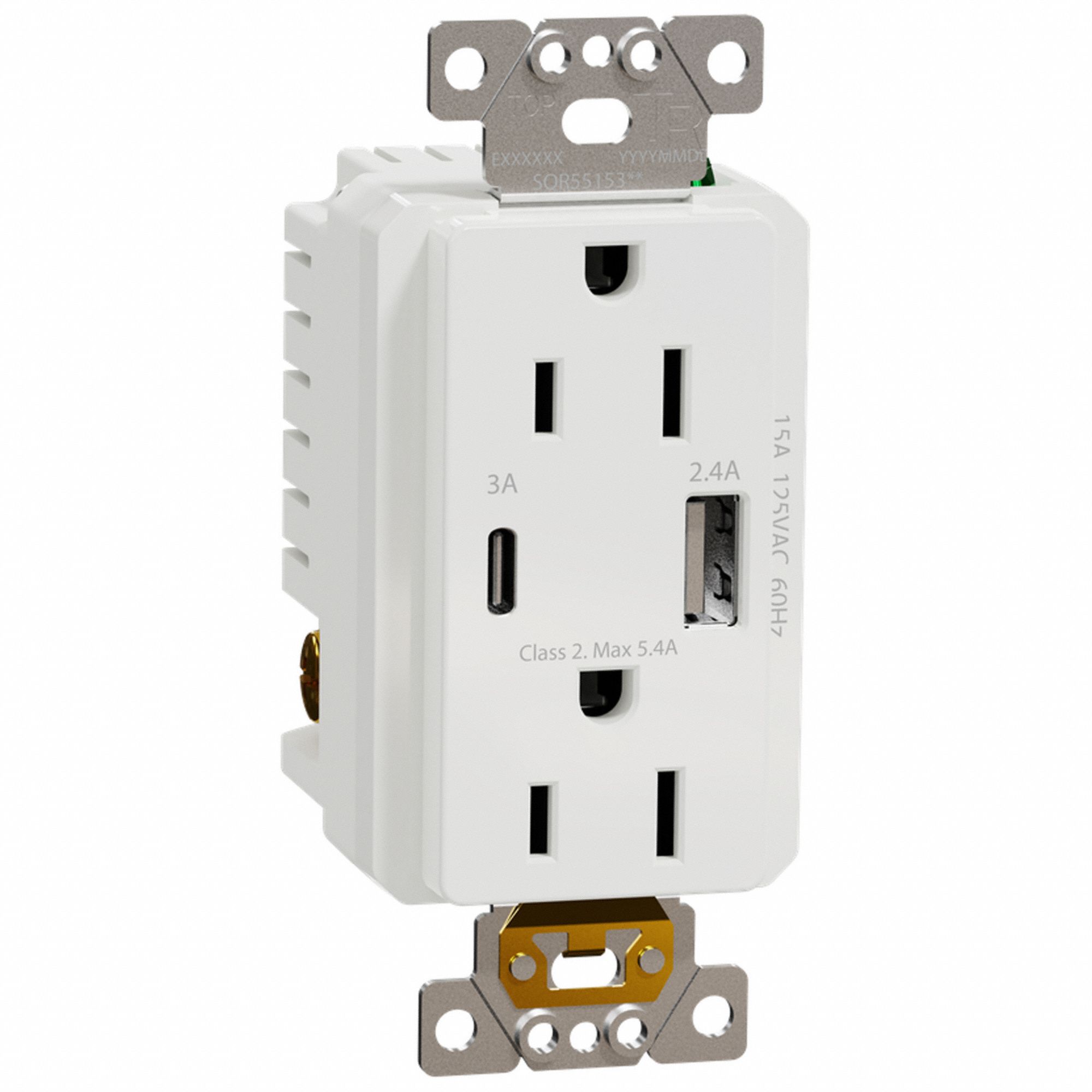 SOCKET OUTLET WITH USB CHARGER, 125 V AC, 1.7 IN D, WHITE HOUSING, 2 POLES