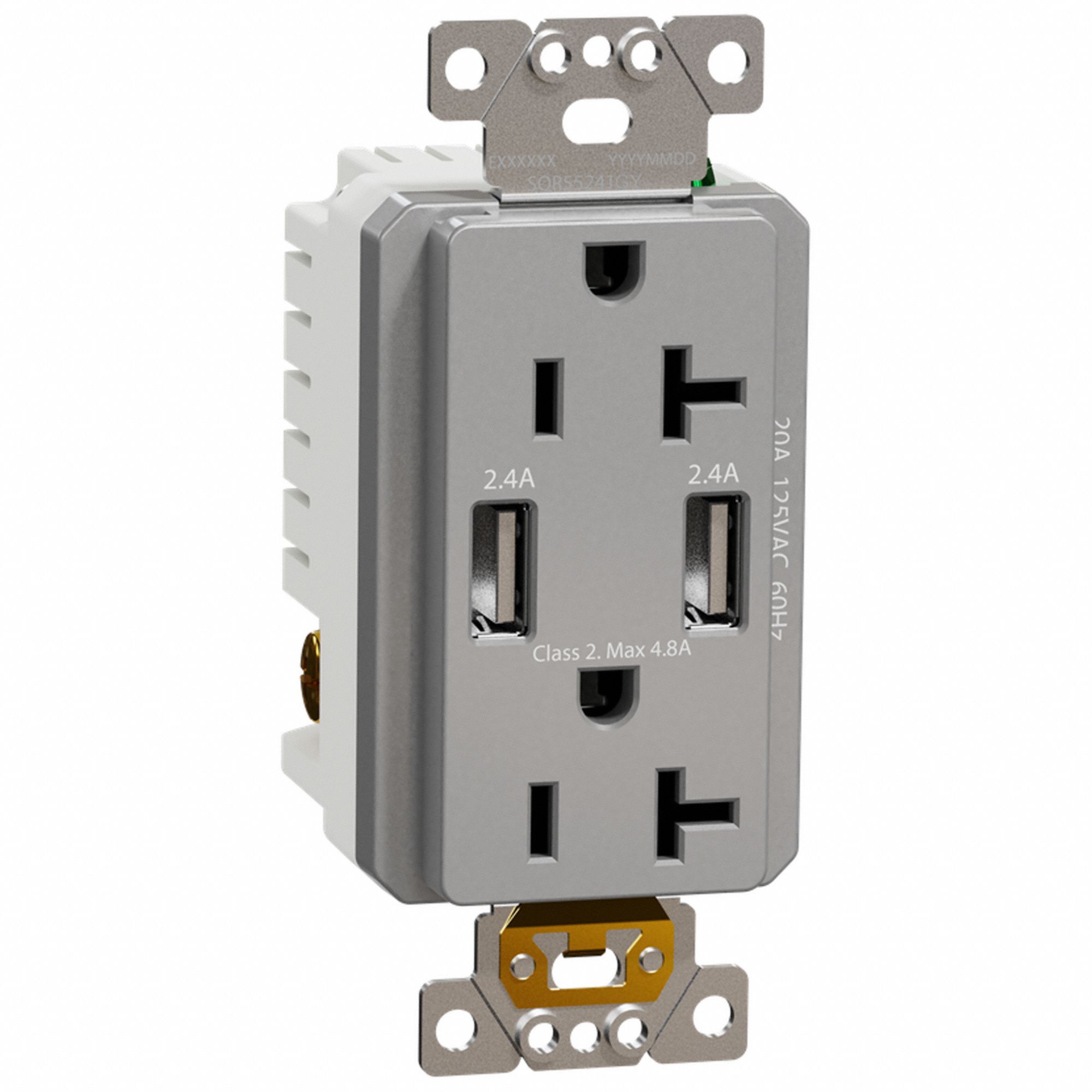SOCKET OUTLET WITH USB CHARGER, 125 V AC, 1.7 IN D, GREY HOUSING, 2 POLES