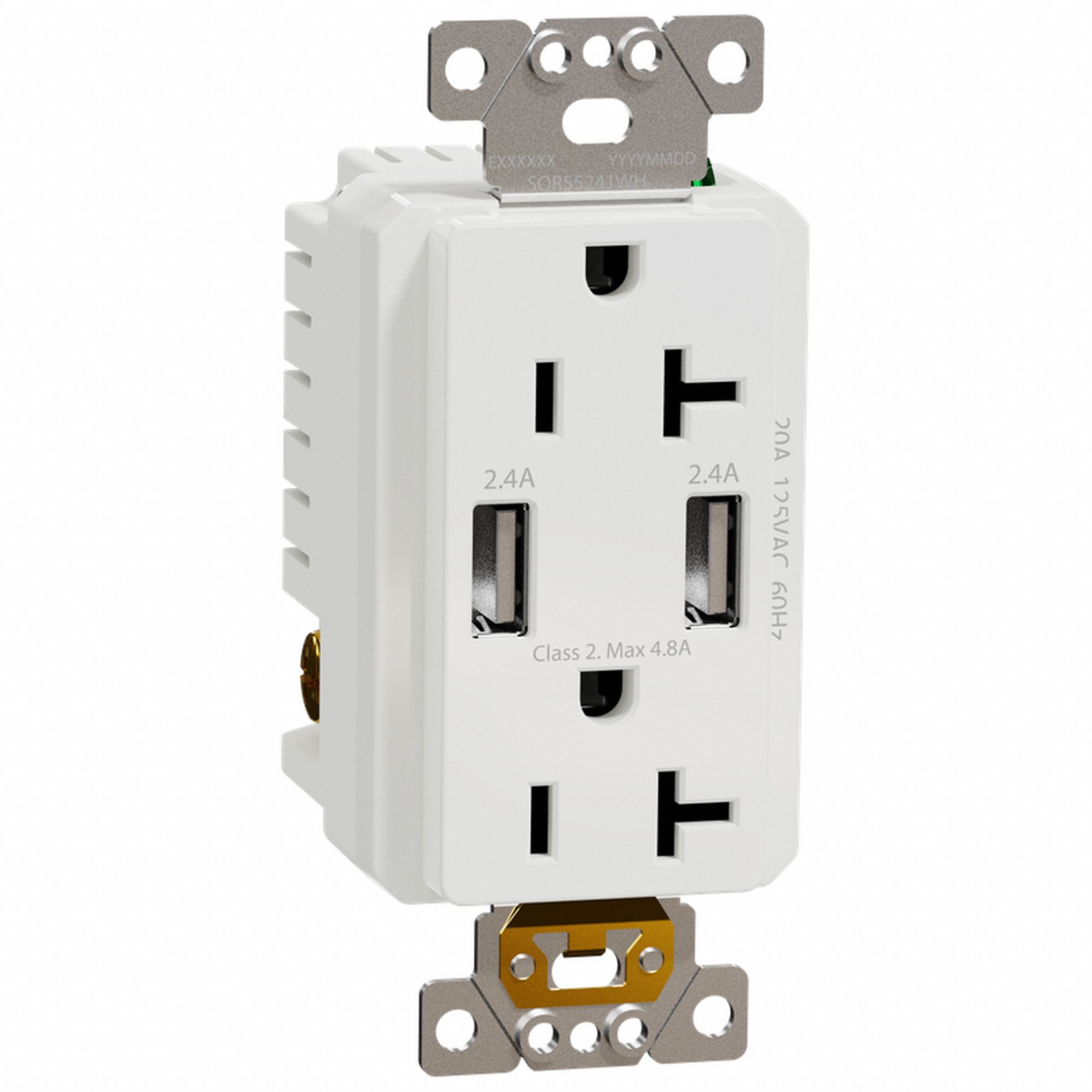 SOCKET OUTLET WITH USB CHARGER, 125 V AC, 1.7 IN D, WHITE HOUSING, 2 POLES