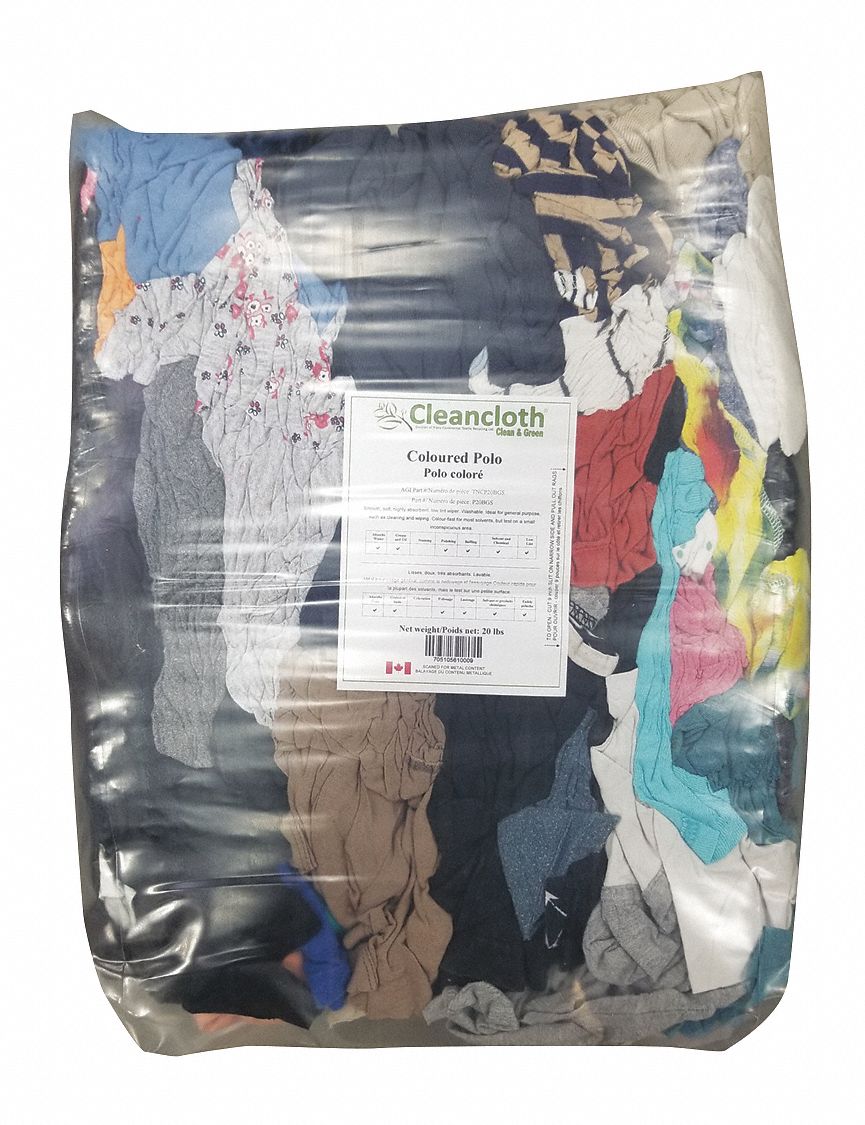 CLOTH RAG, T-SHIRT, GENERAL PURPOSE, ASSORTED COLOURS, VARIED SIZES, 20 LBS, COTTON, EST PK 144