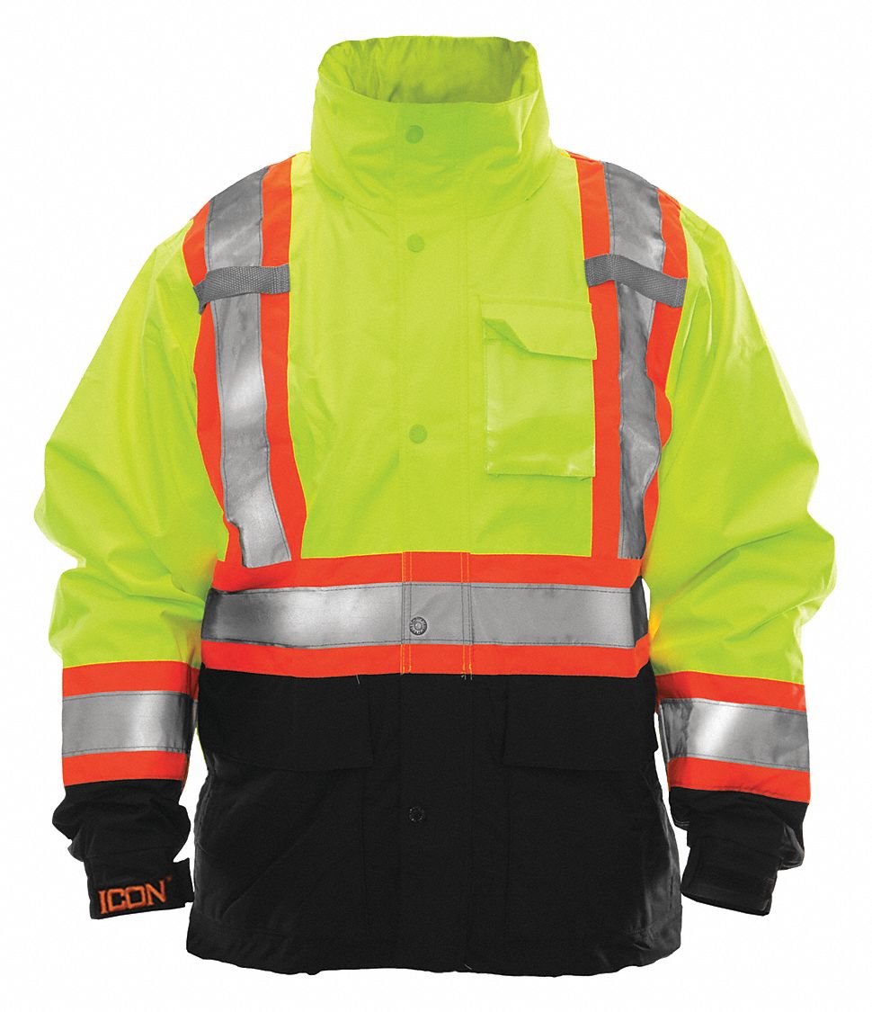 HIGH-VISIBILITY JACKET, MEN'S, YELLOW, 64 IN CHEST/34 1/2 IN L, XXXL, POLYESTER/POLYURETHANE