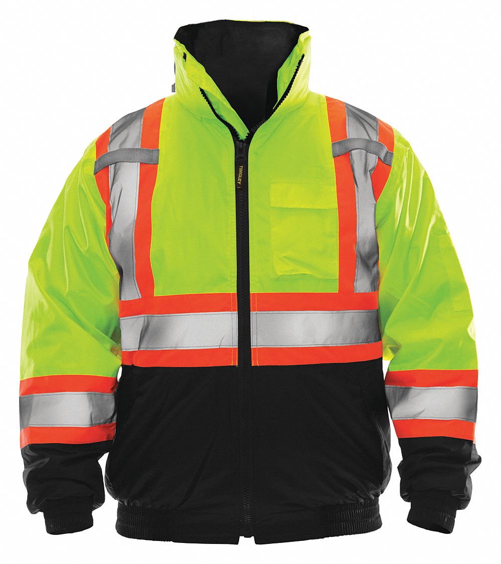 HIGH-VISIBILITY JACKET, MEN'S, YELLOW, 46 IN CHEST/27 IN L, SMALL, POLYESTER/POLYURETHANE