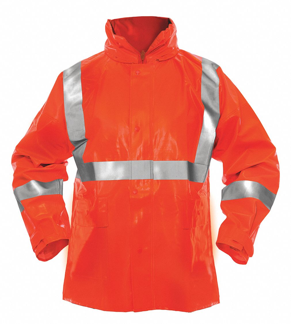 FR JACKET, CSA Z96, ZIPPER/2 POCKETS, SZ S/CHEST 46 IN/29 IN L, ORANGE,  PVC/POLYESTER