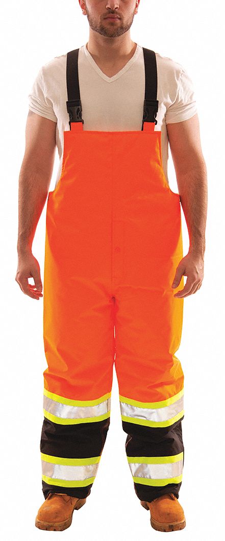 BIB OVERALL, CSA Z96, FLUORESCENT ORANGE, 33 IN INSEAM, 48 IN WAIST, POLYESTER