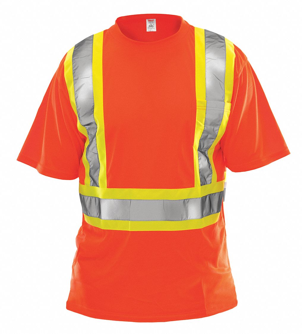 UNISEX HI-VIS SHIRT, S/S, ORANGE, L, 44 IN CHEST, 29 1/2 IN L, POLYESTER