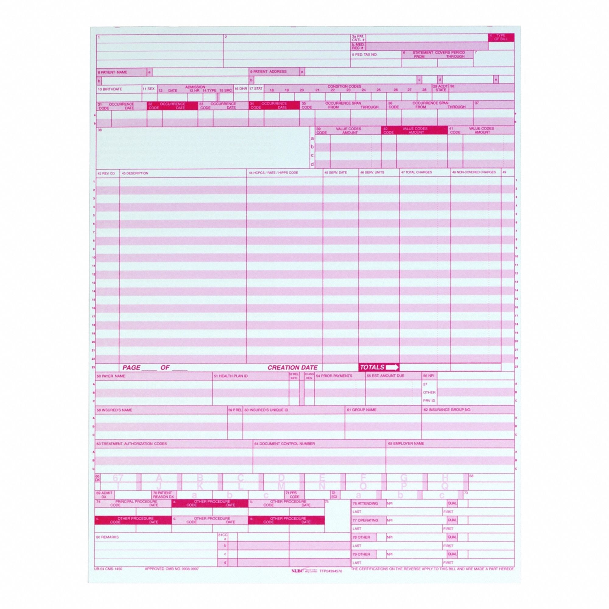 Health Insurance Claim Form: UB04, 2, 500, One-Part, 8 1/2 in, 11 in, No Copies, 20 lb Paper Wt