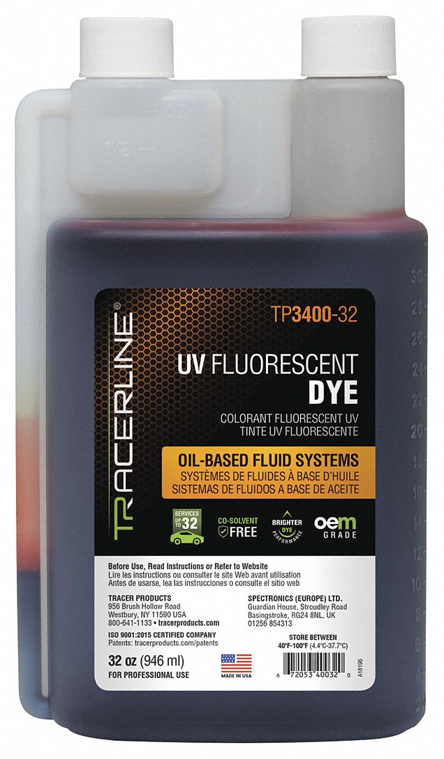 UV FLUORESCENT DYE, LEAK DETECTION, FOR OIL-BASED FLUID SYSTEM, YELLOW/BROWN, 32 OZ